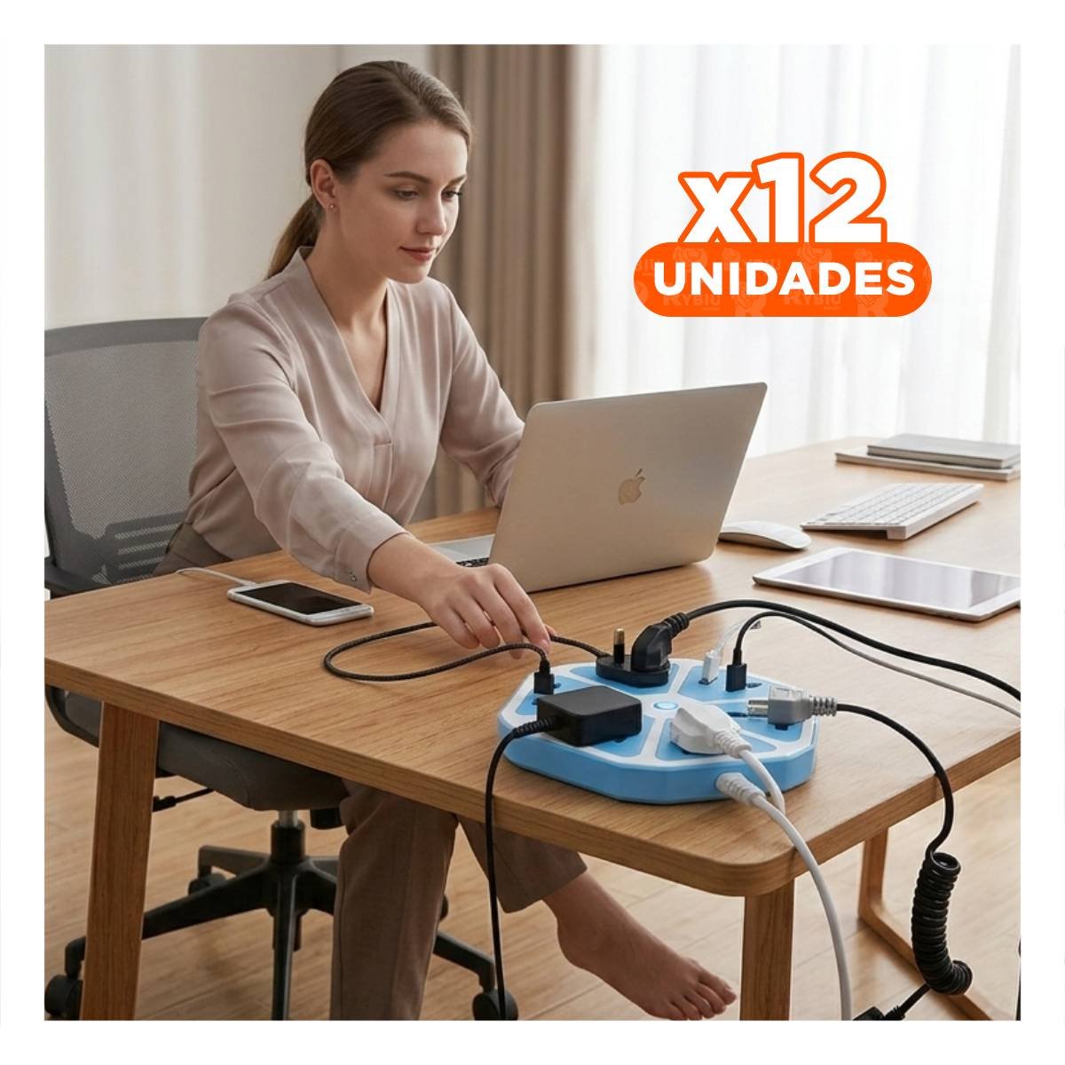 PACK12 MULTITOMA HEXAGONAL 4 PUERTOS 4 USB CELESTE PARA ENERGIA DE EQUIPOS Y+PAPEL REGALO - 1