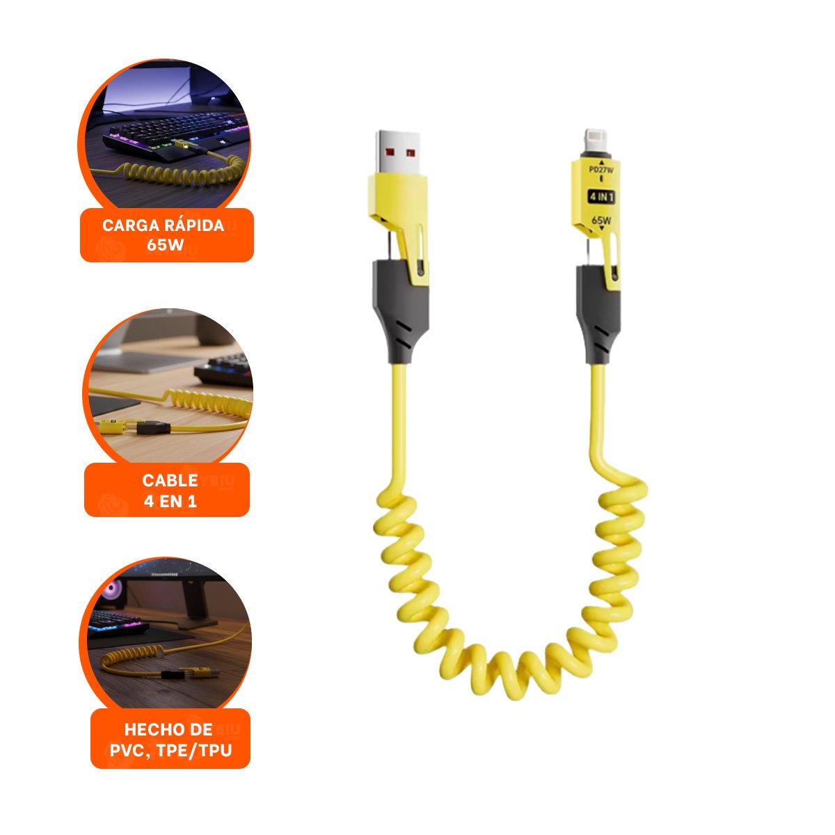 EXTENSION RESORTE 4 EN 1 USB C DE 1,5M AMARILLO CABLE PARA CARGA MOVIL - 3