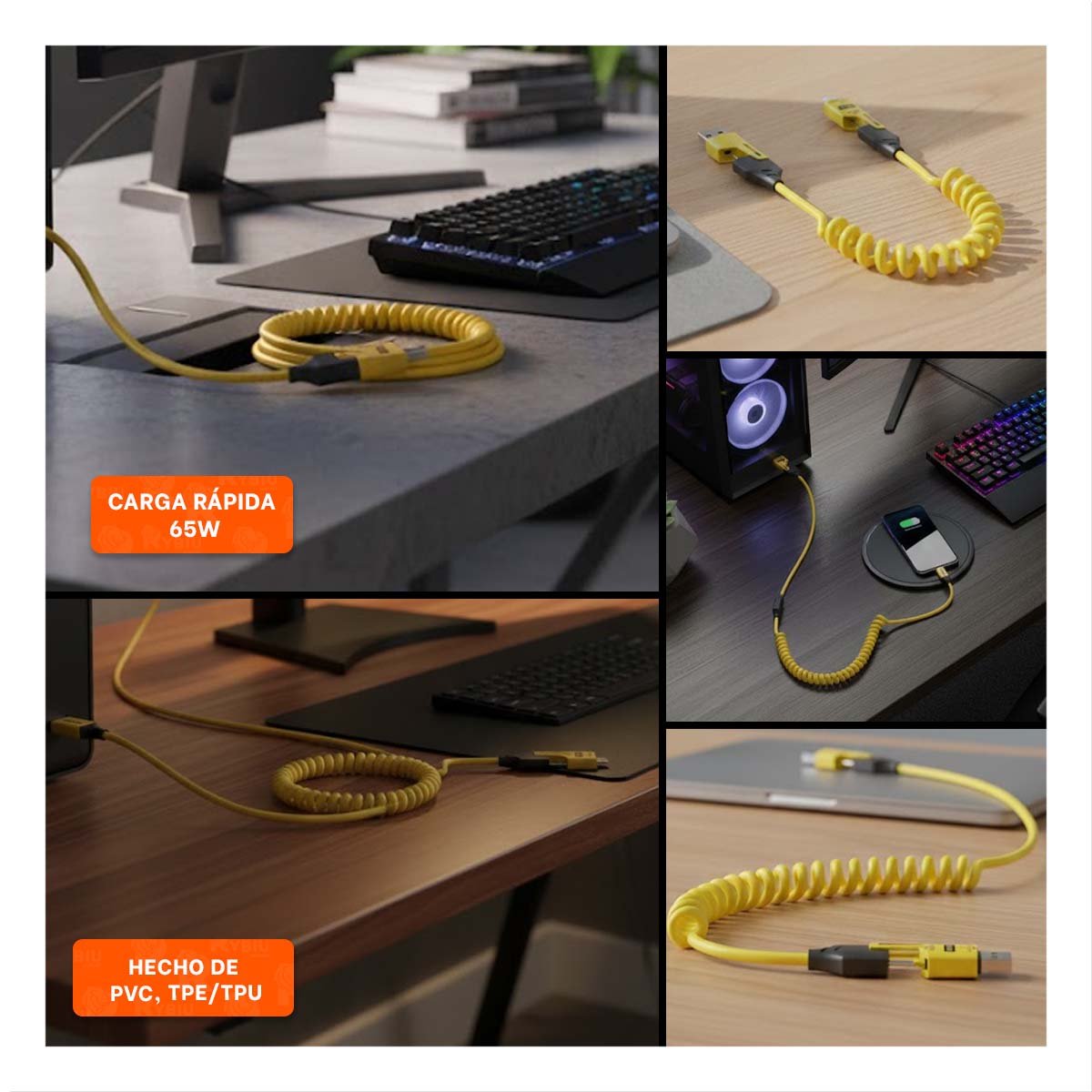 EXTENSION RESORTE 4 EN 1 USB C DE 1,5M AMARILLO CABLE PARA CARGA MOVIL - 5