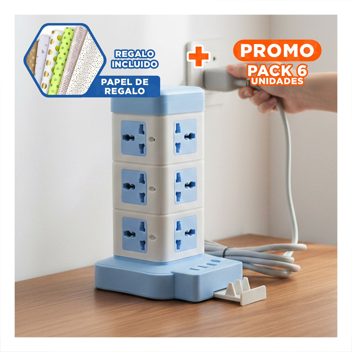 PACK6 BASE VERTICAL 12 TOMACORRIENTES CON 3 USB CELESTE PARA DISPOSITIVOS Y+PAPEL REGALO - 1