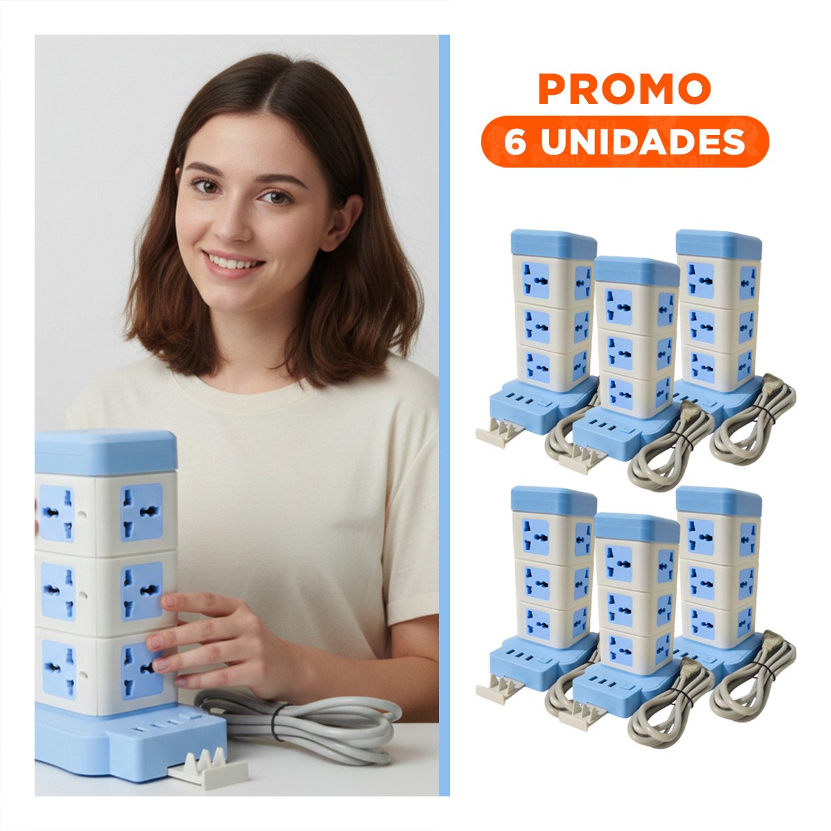 PACK6 TORRE VERTICAL 12 TOMACORRIENTES CON 3 USB CELESTE PARA HOGAR FUNCIONAL - 1