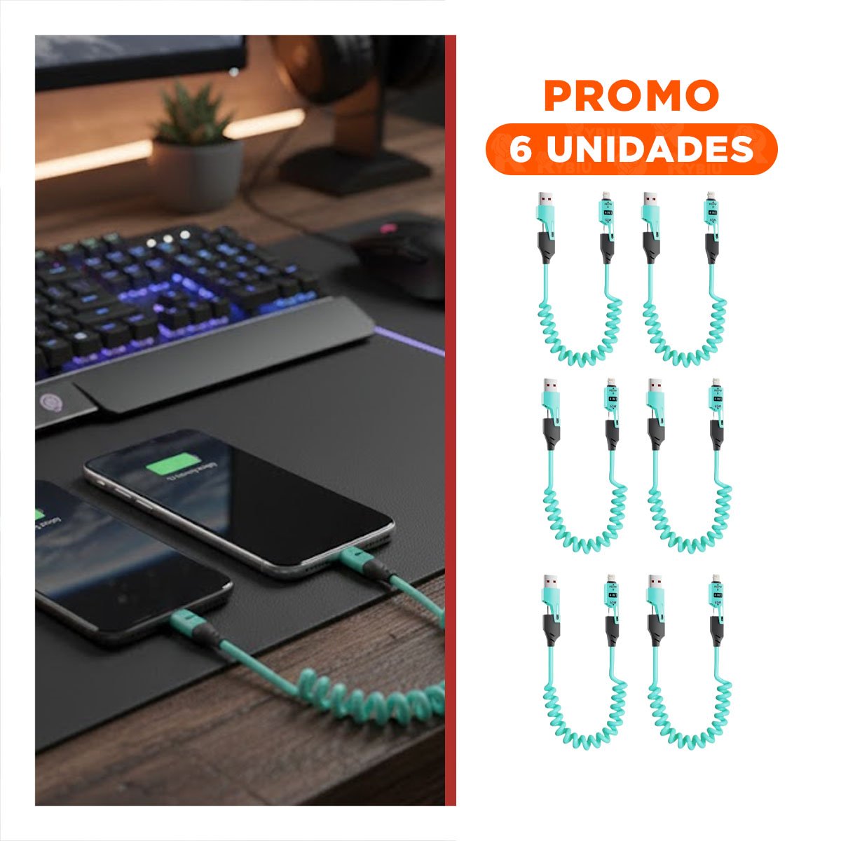 PACK6 ACCESORIO RESORTE 4 EN 1 USB C 1,5M CELESTE CABLE DE CARGA PARA CELULARES - 1