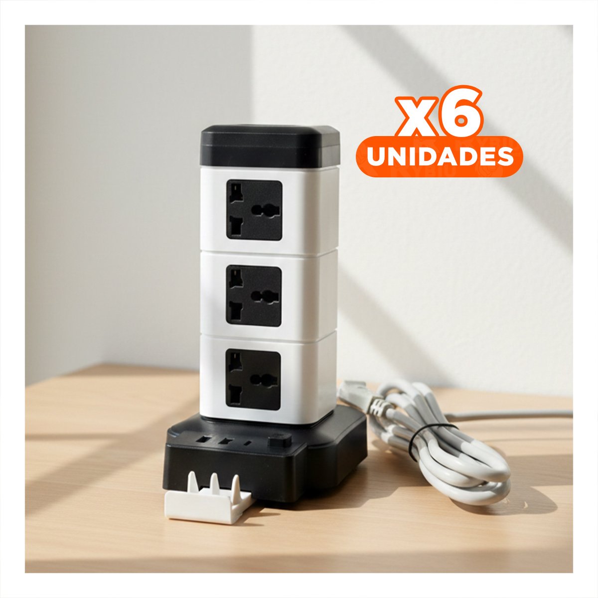 PACK6 EXTENSION VERTICAL 12 TOMACORRIENTES CON 2 USB NEGRO PARA COMPUTO Y+REGALO STICKER - 1