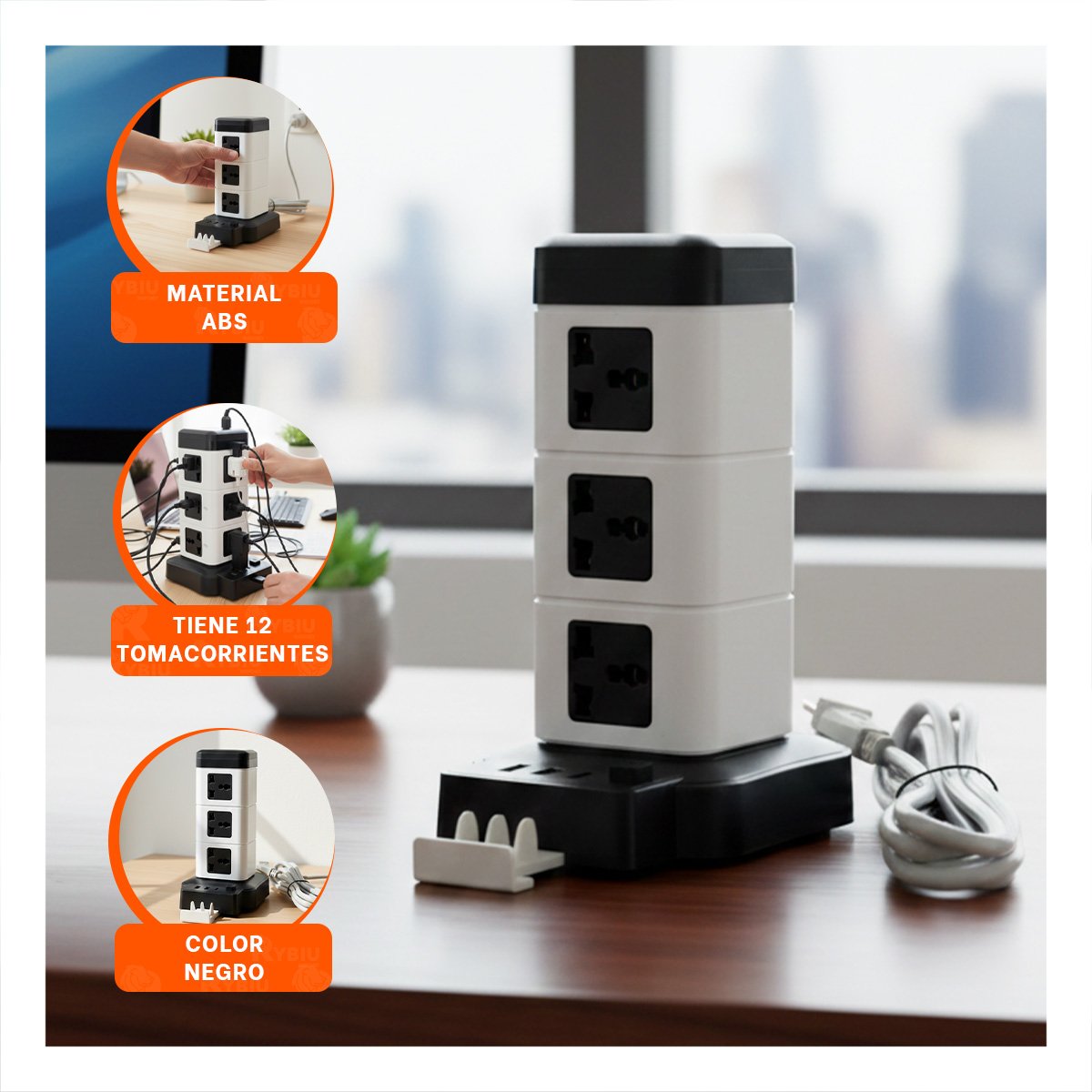 PACK6 EXTENSION VERTICAL 12 TOMACORRIENTES CON 2 USB NEGRO PARA COMPUTO Y+REGALO STICKER - 3