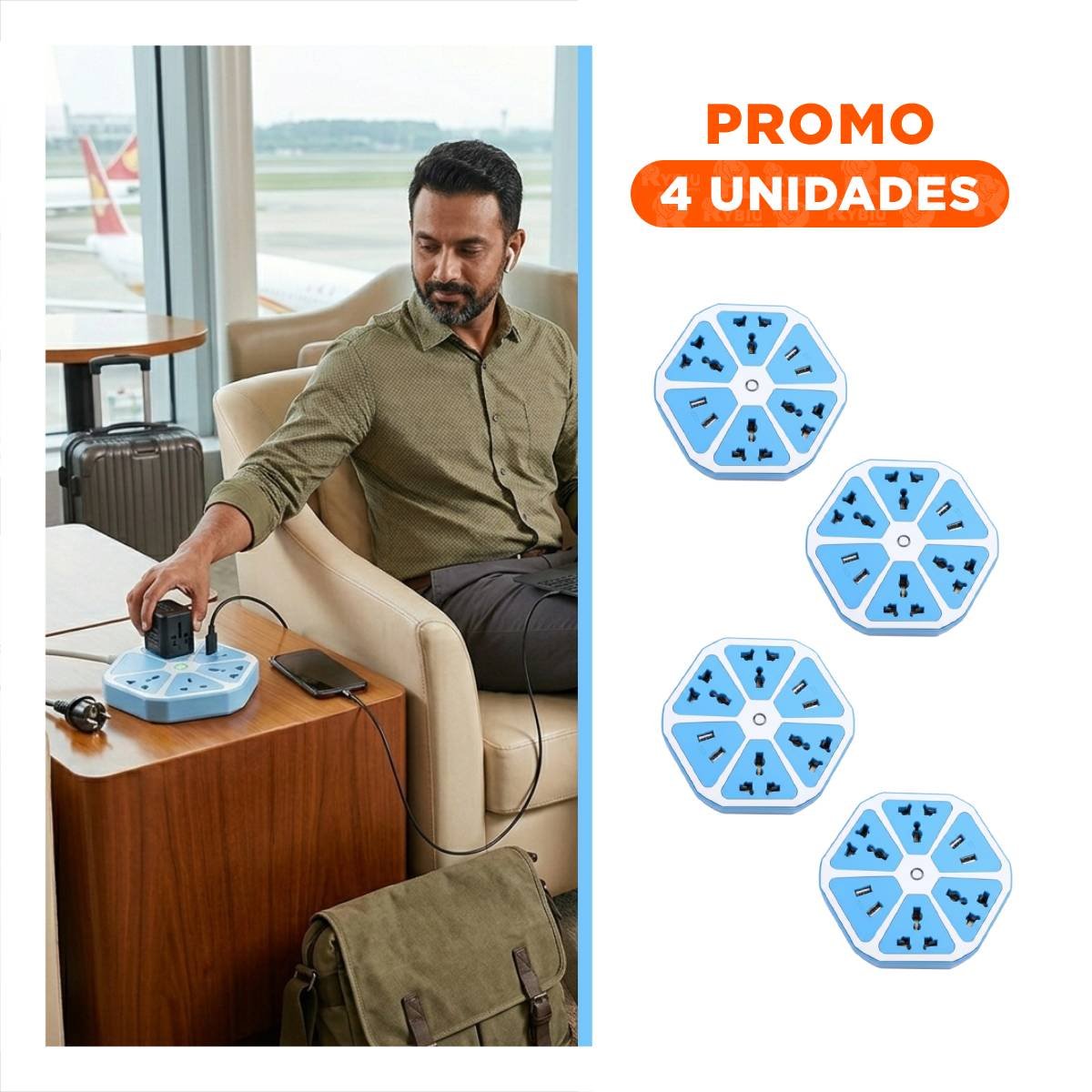 PACK4 MULTITOMA HEXAGONAL 4 ENCHUFES 4 USB CELESTE PARA ENERGIA DE EQUIPOS Y+REGALO STICKER - 1