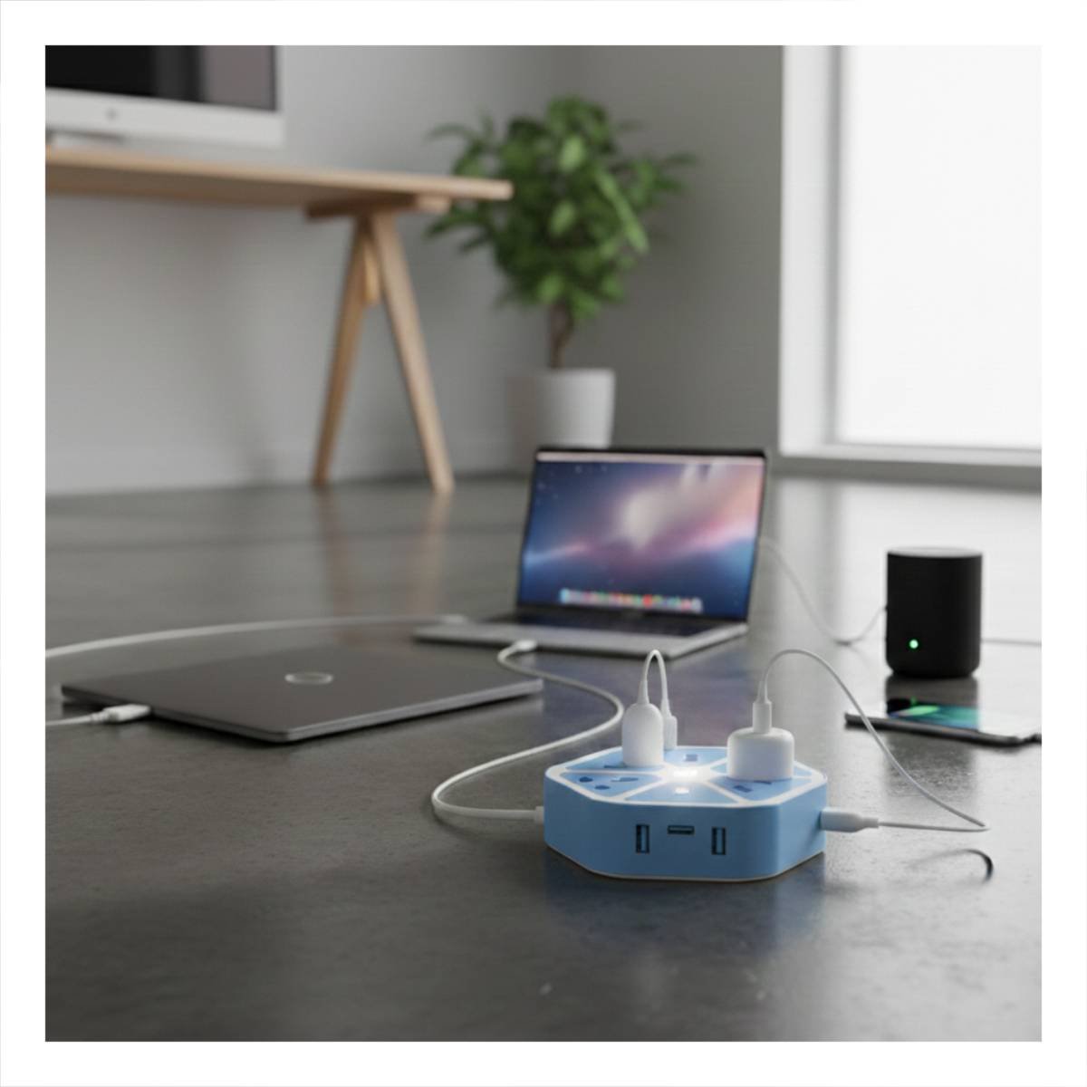 PACK4 MULTITOMA HEXAGONAL 4 ENCHUFES 4 USB CELESTE PARA ENERGIA DE EQUIPOS Y+REGALO STICKER - 5