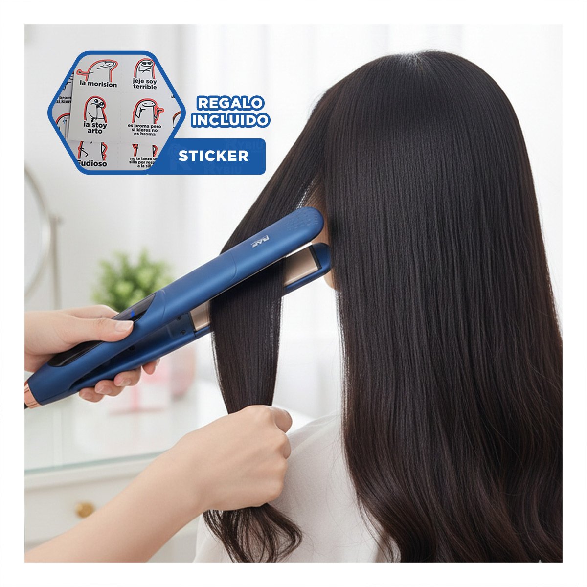 ALISADORA DE CABELLO COLOR AZUL CON DISENO ERGONOMICO PARA ESTILIZAR CABELLO Y+REGALO STICKER - 1