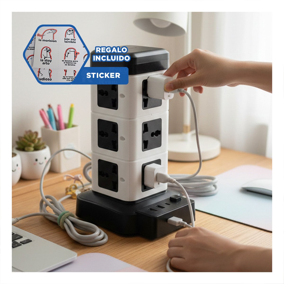 MULTITOMA VERTICAL 12 TOMACORRIENTES CON 2 USB NEGRO PARA OFICINA EN CASA Y+REGALO STICKER - 1