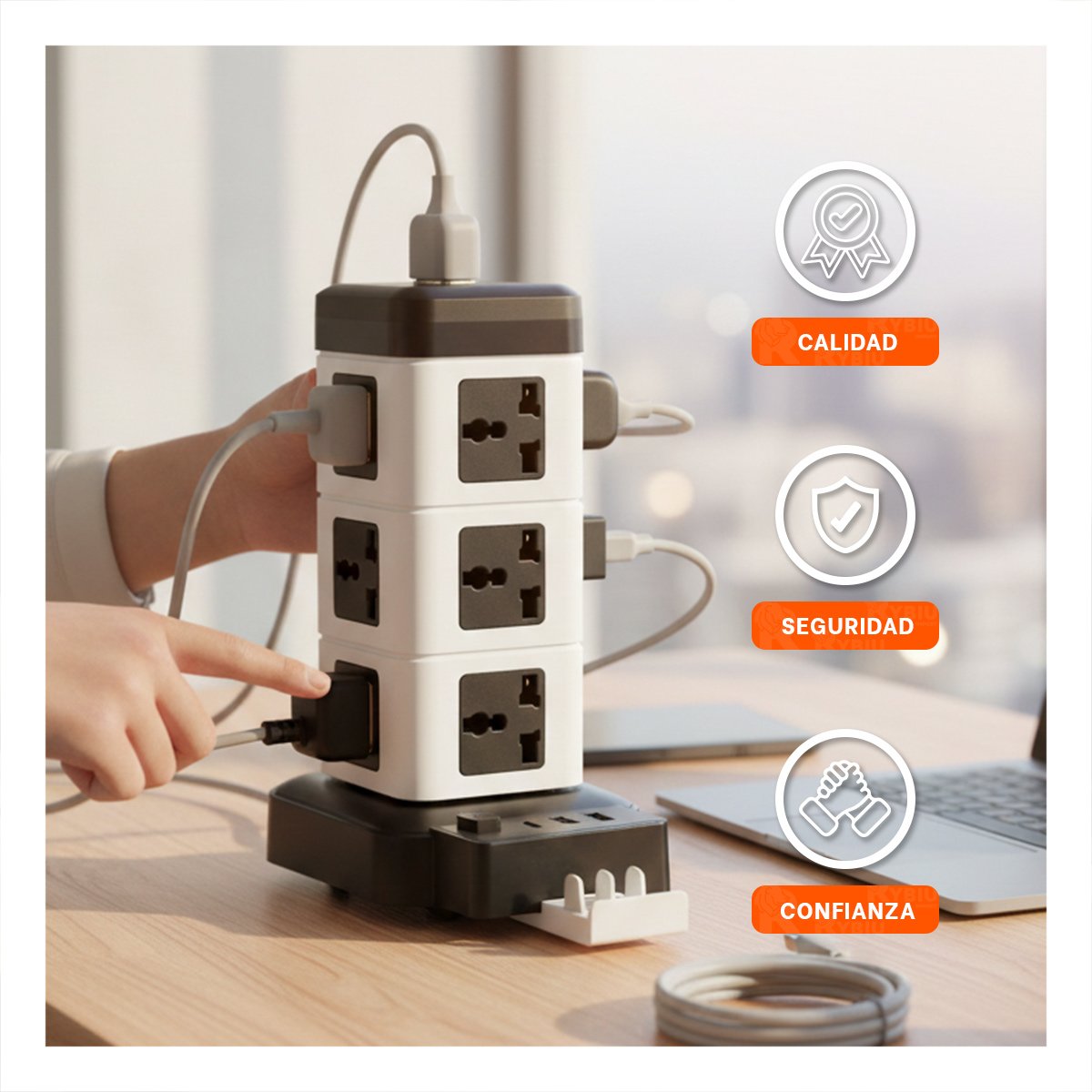 MULTITOMA VERTICAL 12 TOMACORRIENTES CON 2 USB NEGRO PARA OFICINA EN CASA Y+REGALO STICKER - 2
