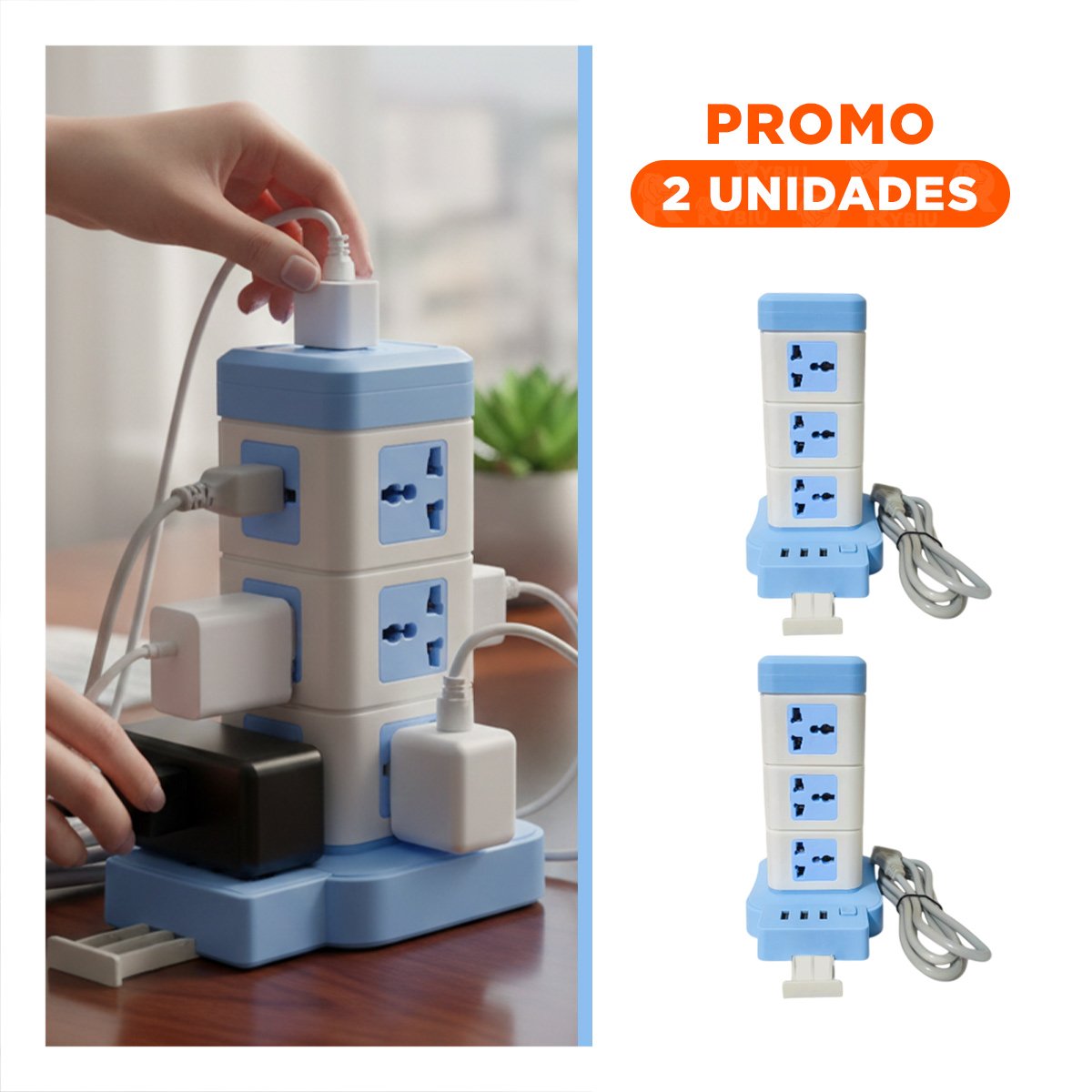PACK2 MULTITOMA VERTICAL 12 TOMACORRIENTES CON 3 USB CELESTE PARA ESPACIOS PRACTICOS - 1