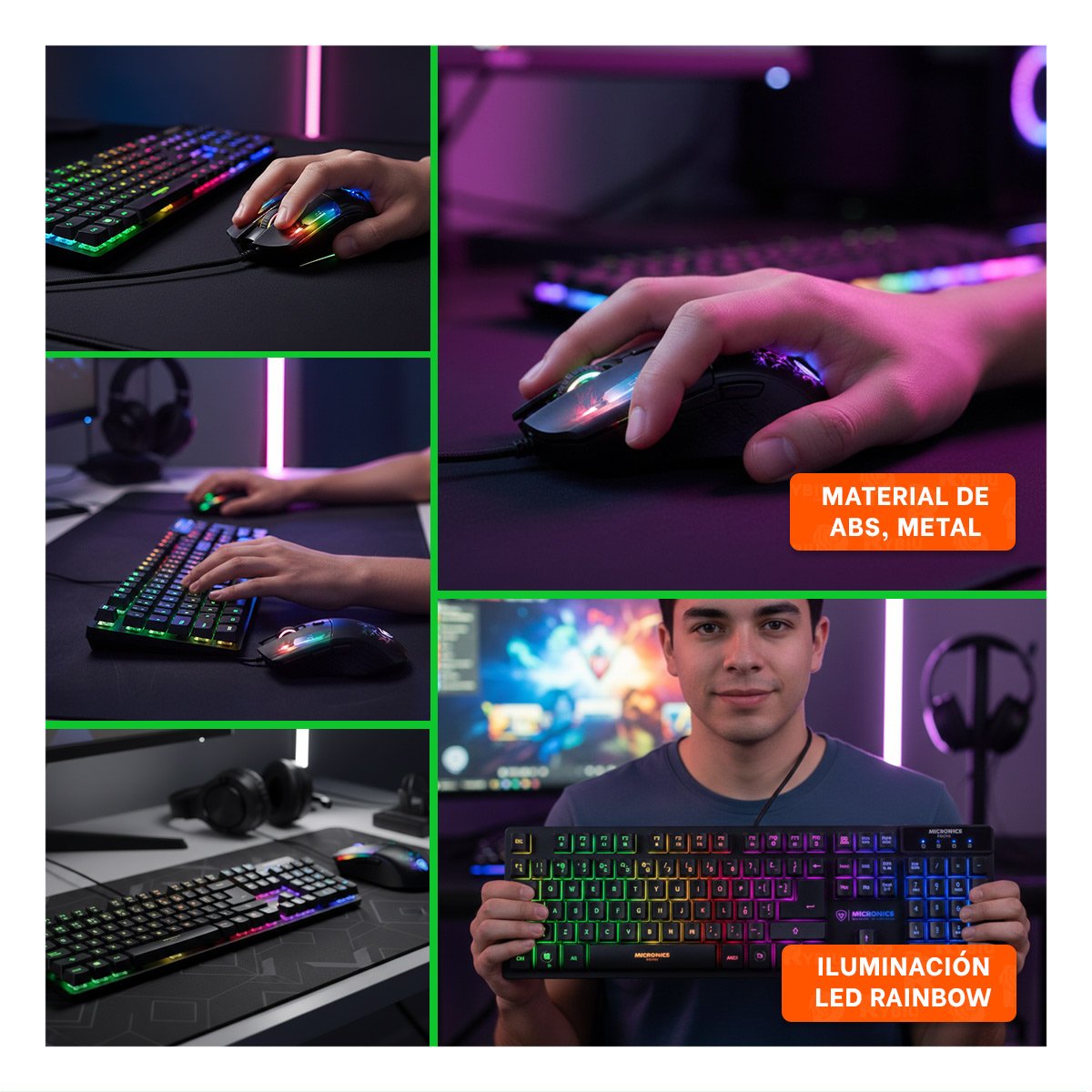 KIT GAMER MACHINE 2 NEON NEGRO CON TECLADO RGB Y MOUSE ERGONOMICO Y+POST IT - 1