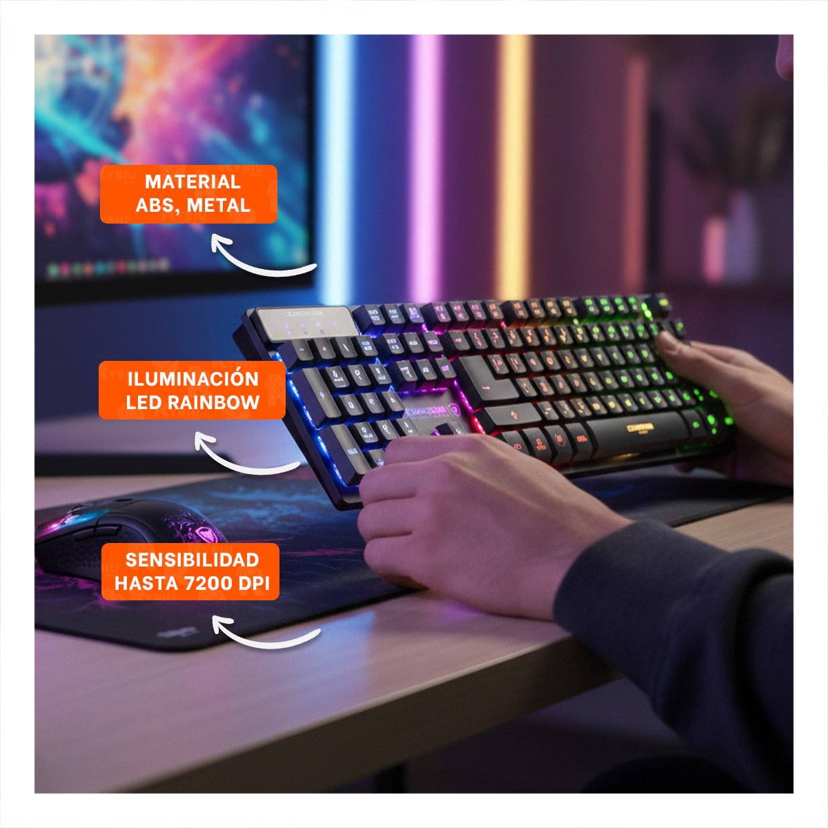 KIT GAMER MACHINE 2 NEON NEGRO CON TECLADO RGB Y MOUSE ERGONOMICO Y+POST IT - 2