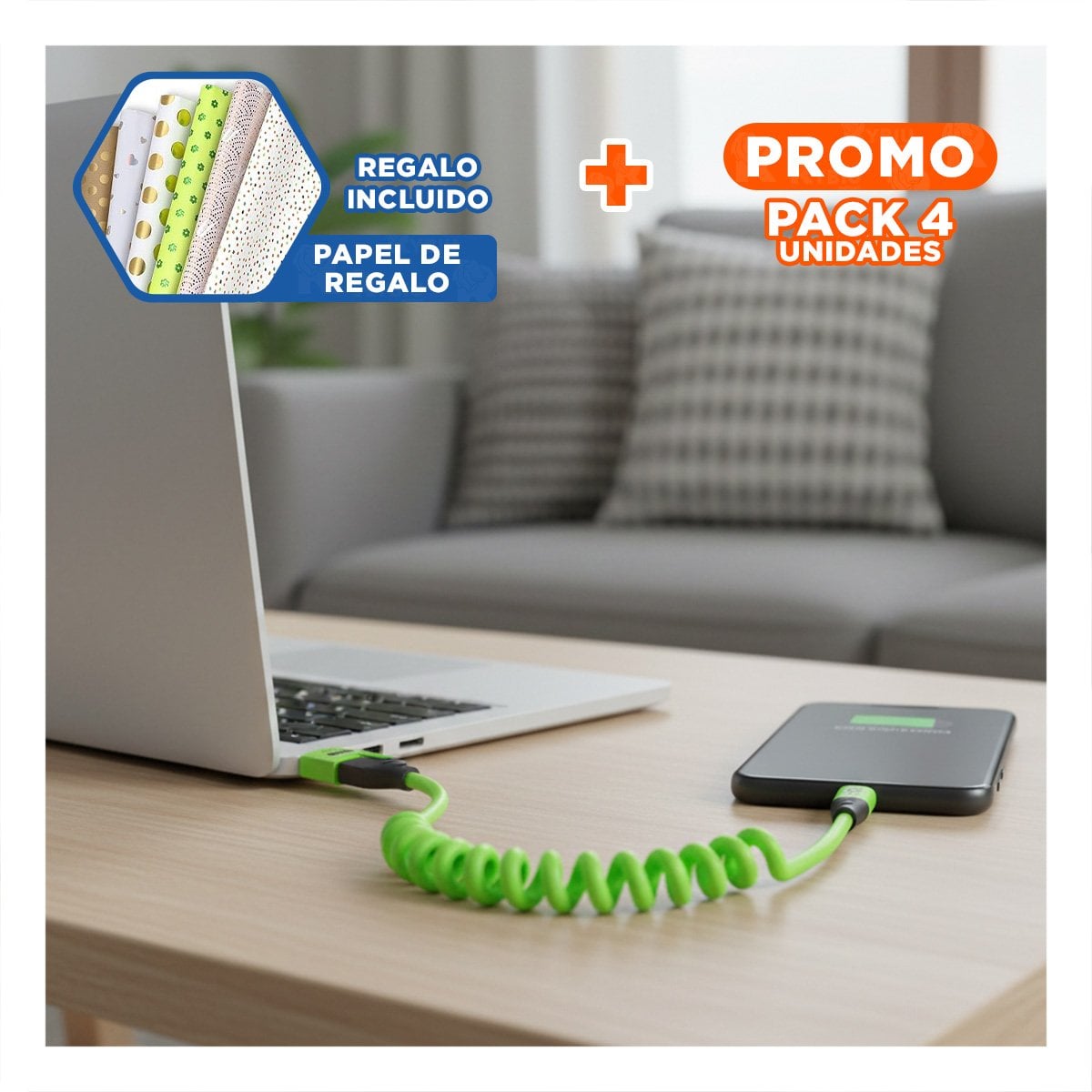 PACK4 CORDON RESORTE 4 EN 1 USB C 1,5M VERDE CONECTOR DE CARGA PARA DISPOSITIVOS Y+PAPEL REGALO - 1