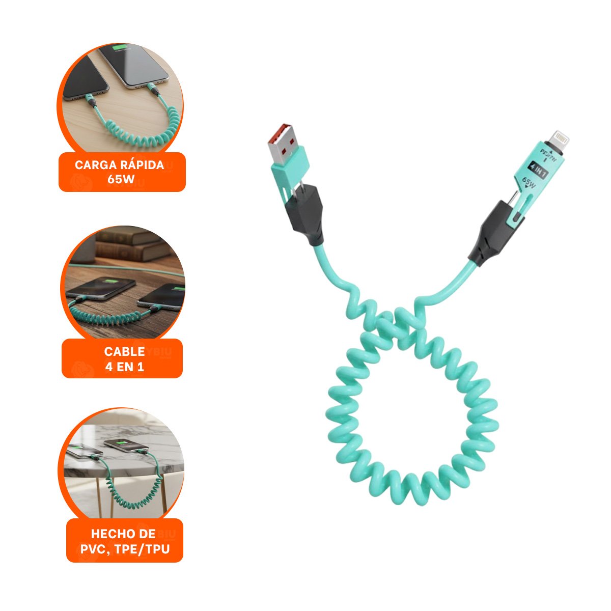 CONECTOR RESORTE 4 EN 1 USB C 1,5M CELESTE CABLE DE CONEXION PARA EQUIPOS - 3