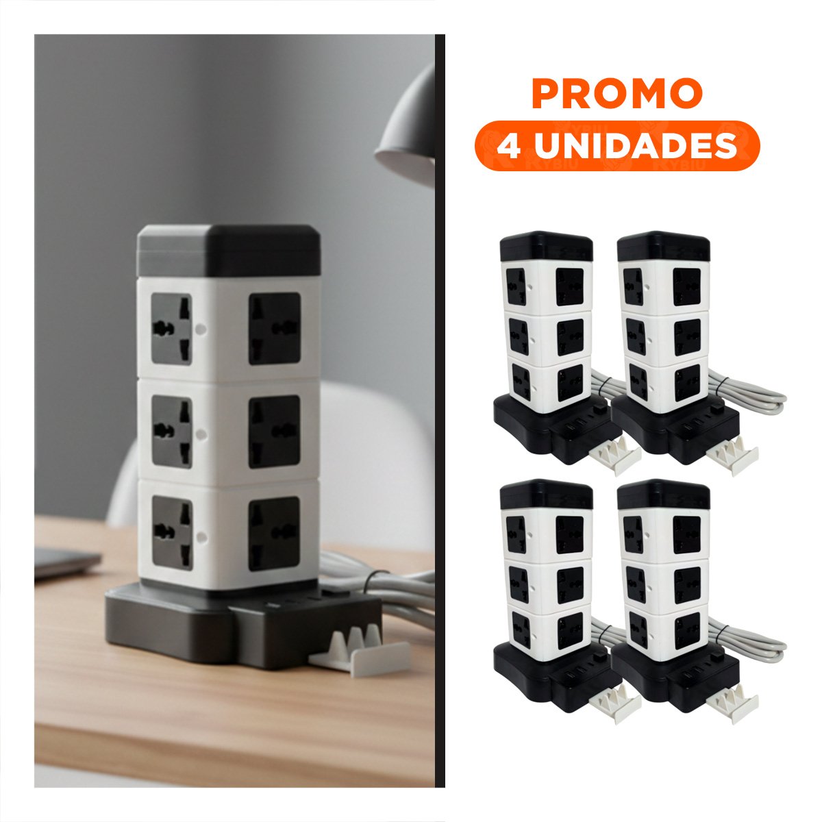PACK4 MULTITOMA VERTICAL 12 TOMACORRIENTES CON 2 USB NEGRO PARA ESCRITORIO Y+REGALO STICKER - 1