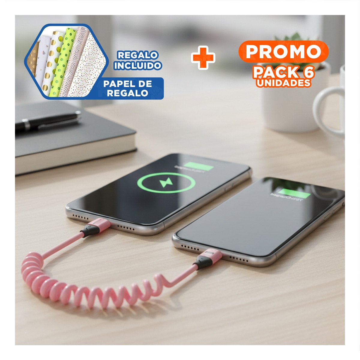 PACK6 CABLE RESORTE 4 EN 1 USB C 1,5M ROSADO ACCESORIO PARA DISPOSITIVOS Y+PAPEL REGALO - 1