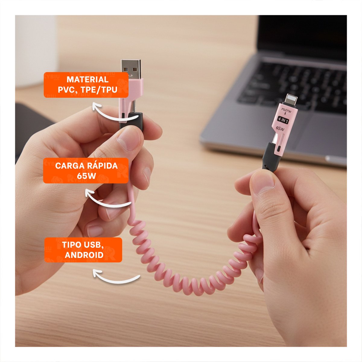 PACK6 CABLE RESORTE 4 EN 1 USB C 1,5M ROSADO ACCESORIO PARA DISPOSITIVOS Y+PAPEL REGALO - 2