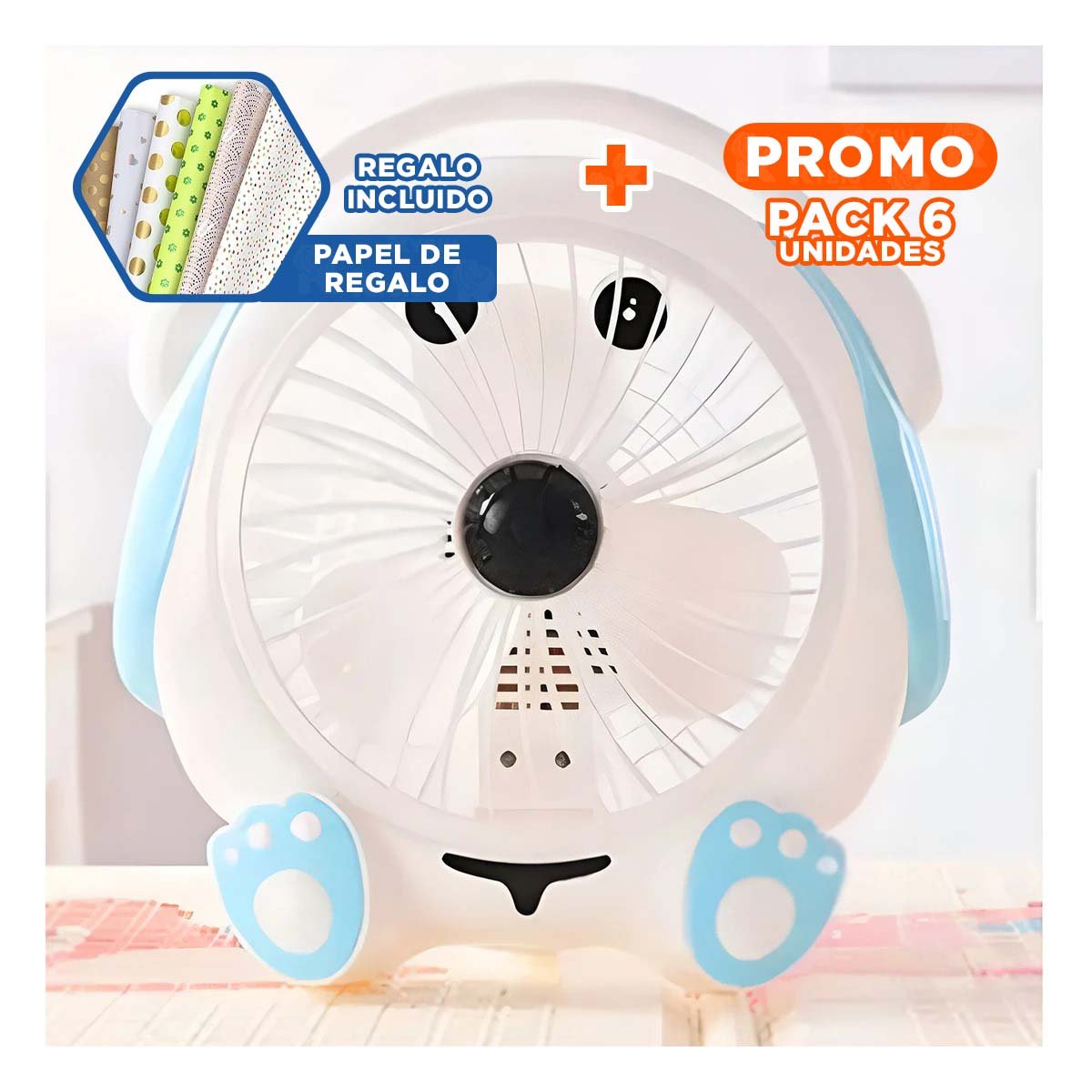 PACK6 VENTILACION MINI BLANCO DE MESA PERRITO CON CELESTE PORTATIL FUNCIONAL Y+PAPEL REGALO - 1