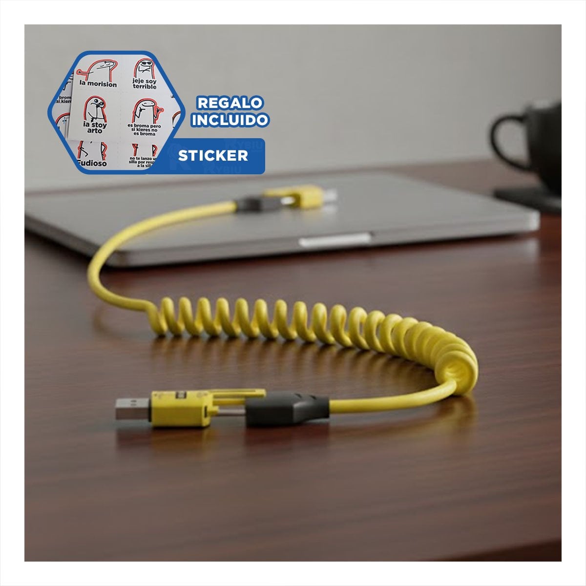 CORDON RESORTE 4 EN 1 USB C DE 1,5M AMARILLO CABLE PARA MOVIL EN CASA Y+REGALO STICKER - 1
