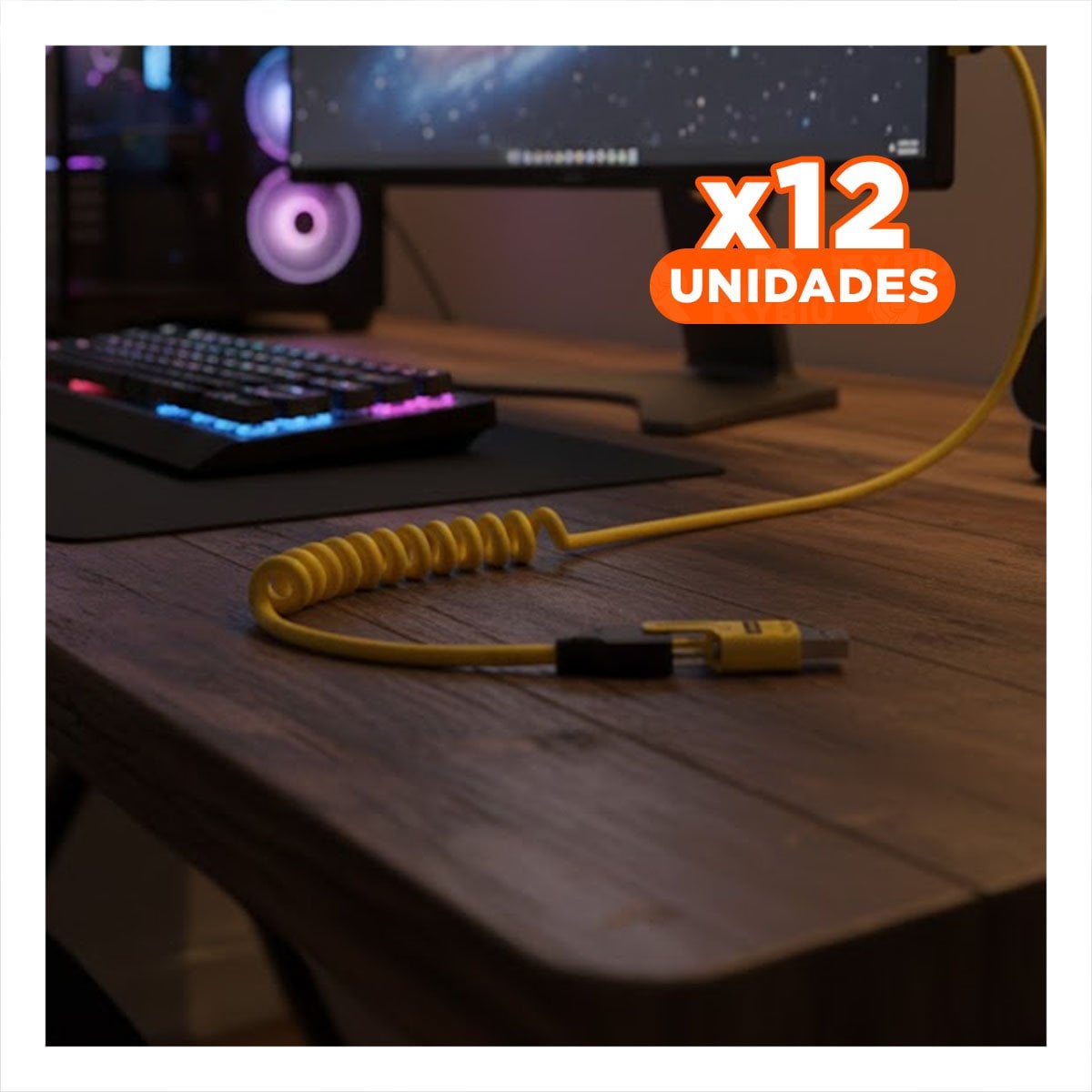 PACK12 EXTENSION RESORTE 4 EN 1 USB C DE 1,5M AMARILLO CABLE MOVIL PARA HOGAR - 1