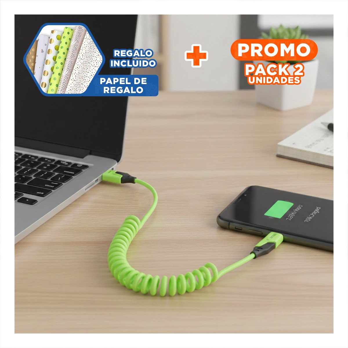 PACK2 ACCESORIO RESORTE 4 EN 1 USB C 1,5M VERDE CONECTOR DE CARGA PARA CELULAR Y+PAPEL REGALO - 1