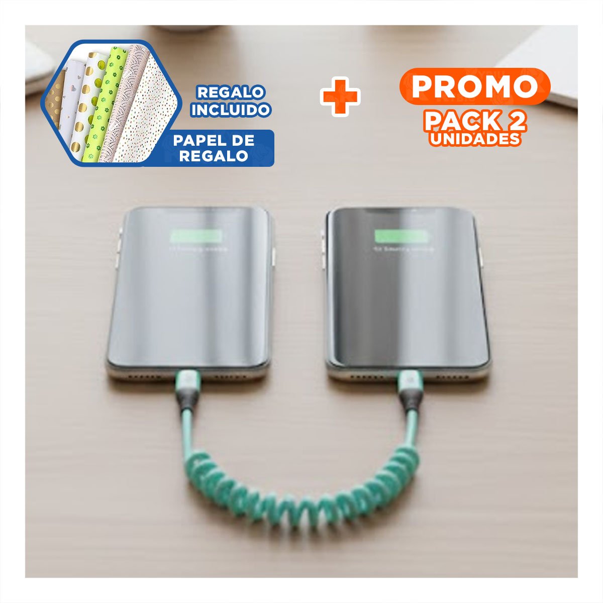 PACK2 ACCESORIO RESORTE 4 EN 1 USB C 1,5M CELESTE CONECTOR DE ENERGIA Y+PAPEL REGALO - 1