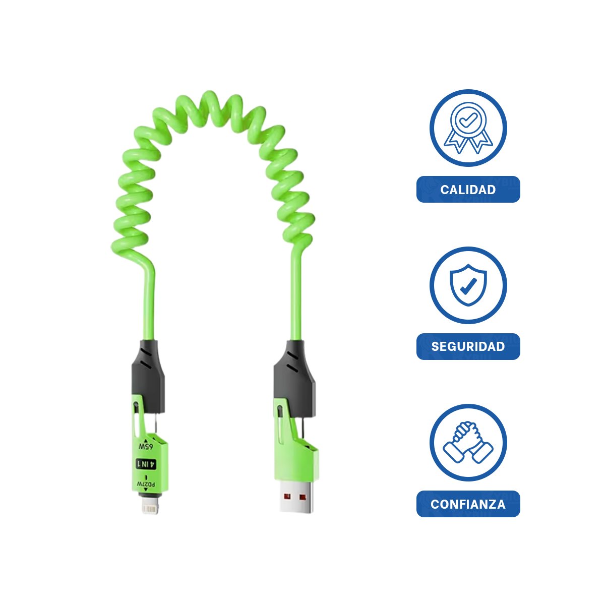 CABLE RESORTE 4 EN 1 USB C 1,5M VERDE CABLE DE CONEXION PARA CELULAR Y+LIGAS REGALO - 3