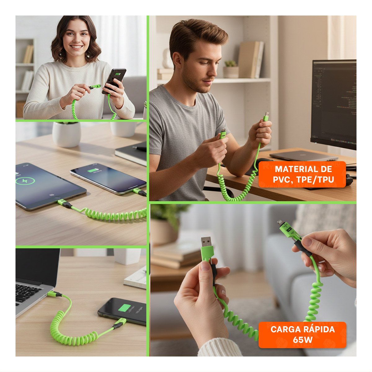 CABLE RESORTE 4 EN 1 USB C 1,5M VERDE CABLE DE CONEXION PARA CELULAR Y+LIGAS REGALO - 5