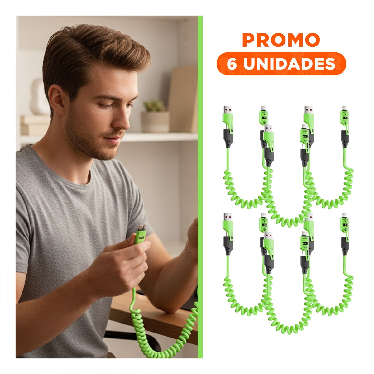 PACK6 ADAPTADOR RESORTE 4 EN 1 USB C 1,5M VERDE ACCESORIO DE CARGA PARA CELULAR Y+PAPEL REGALO - 1