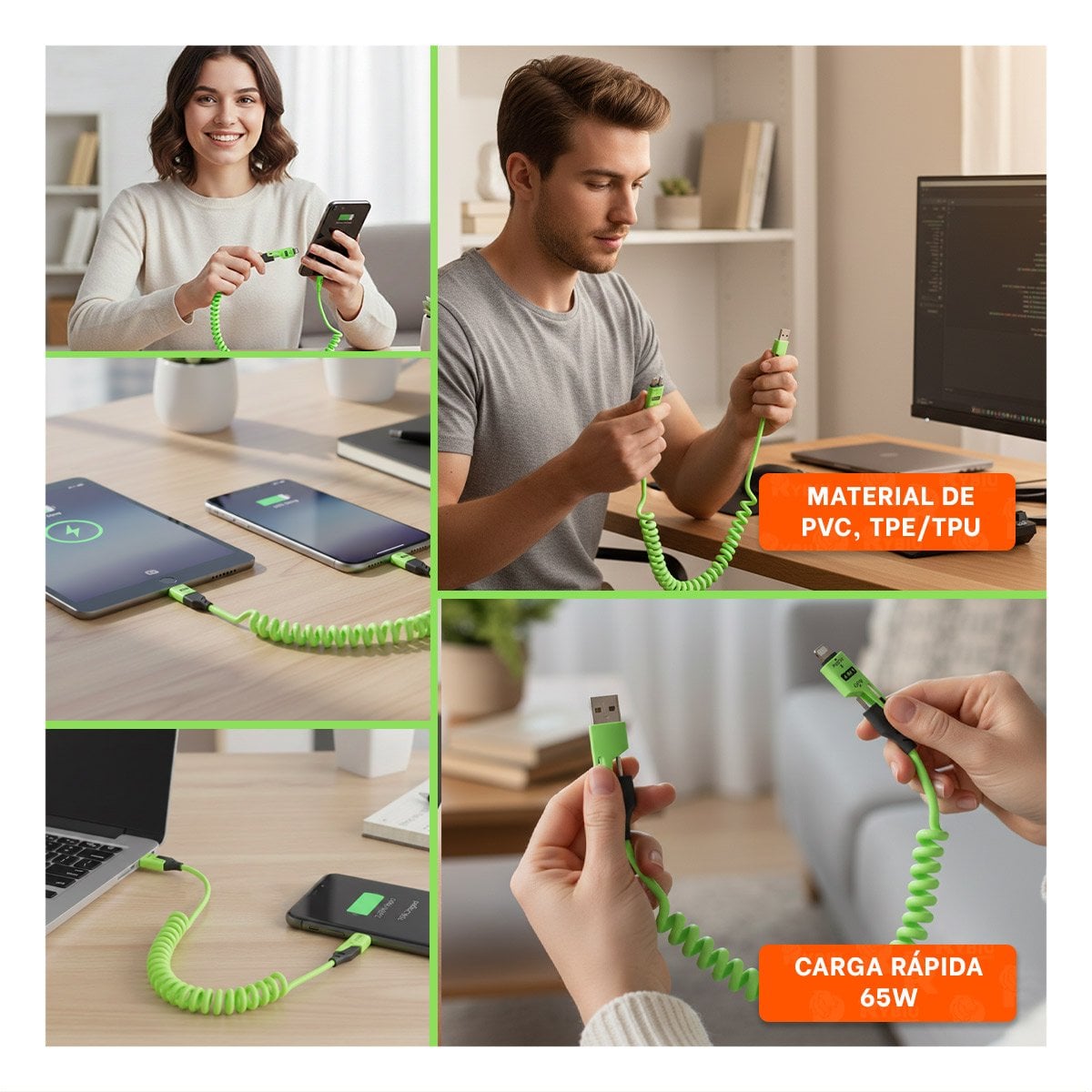 CORDON RESORTE 4 EN 1 USB C 1,5M VERDE ACCESORIO DE CARGA PARA CELULAR Y+POST IT - 1