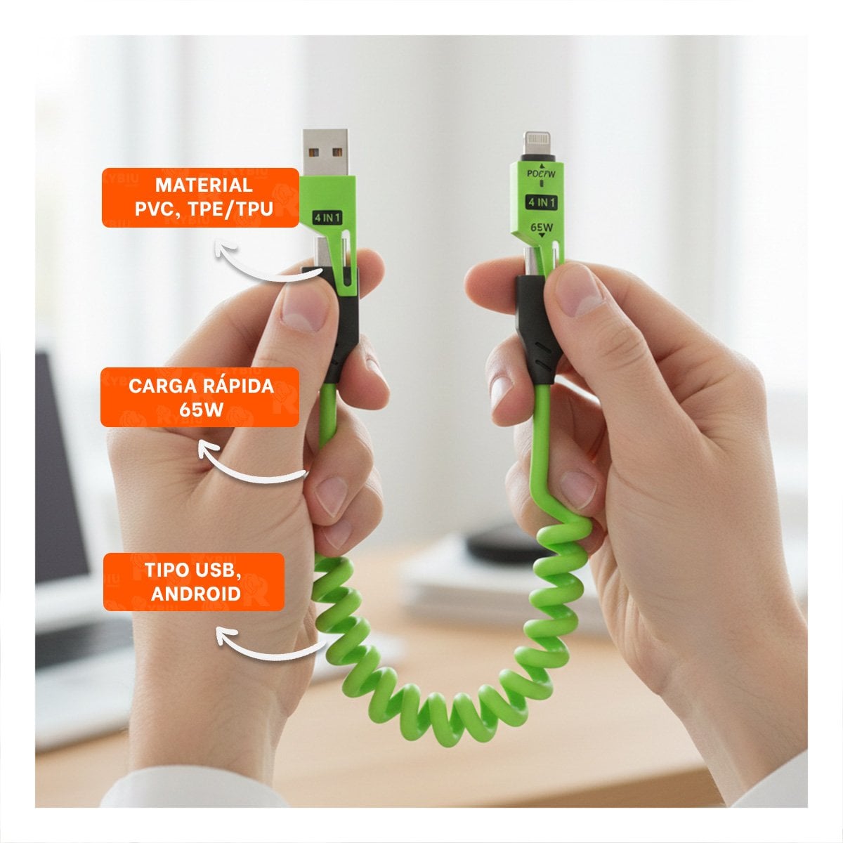 CORDON RESORTE 4 EN 1 USB C 1,5M VERDE ACCESORIO DE CARGA PARA CELULAR Y+POST IT - 2