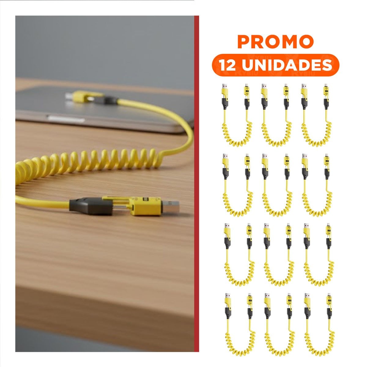 PACK12 CONECTOR RESORTE 4 EN 1 USB C DE 1,5M AMARILLO CABLE USB C MOVIL DIARIO Y+REGALO STICKER - 1
