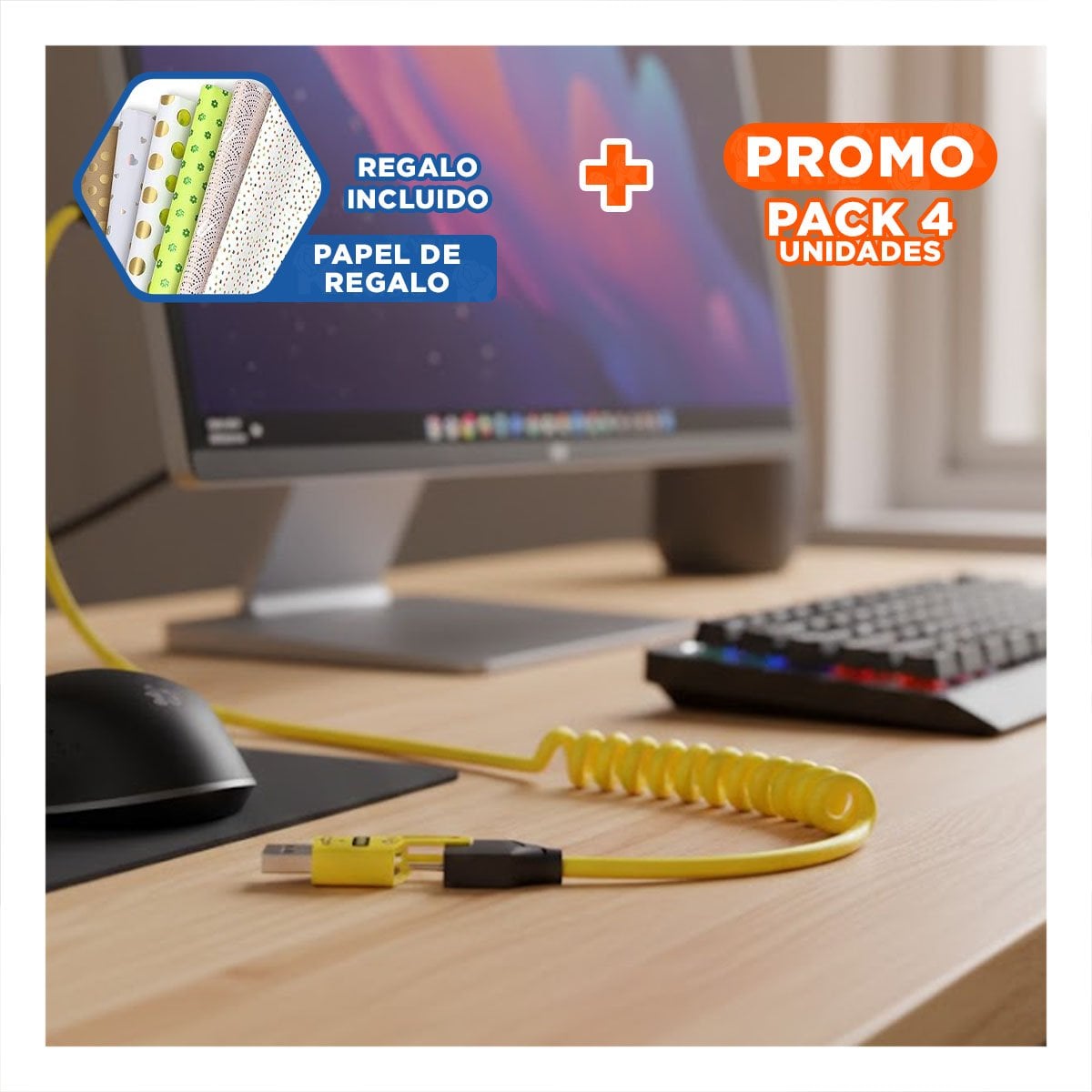 PACK4 ACCESORIO RESORTE 4 EN 1 USB C DE 1,5M AMARILLO CABLE USB C MOVIL Y+PAPEL REGALO - 1