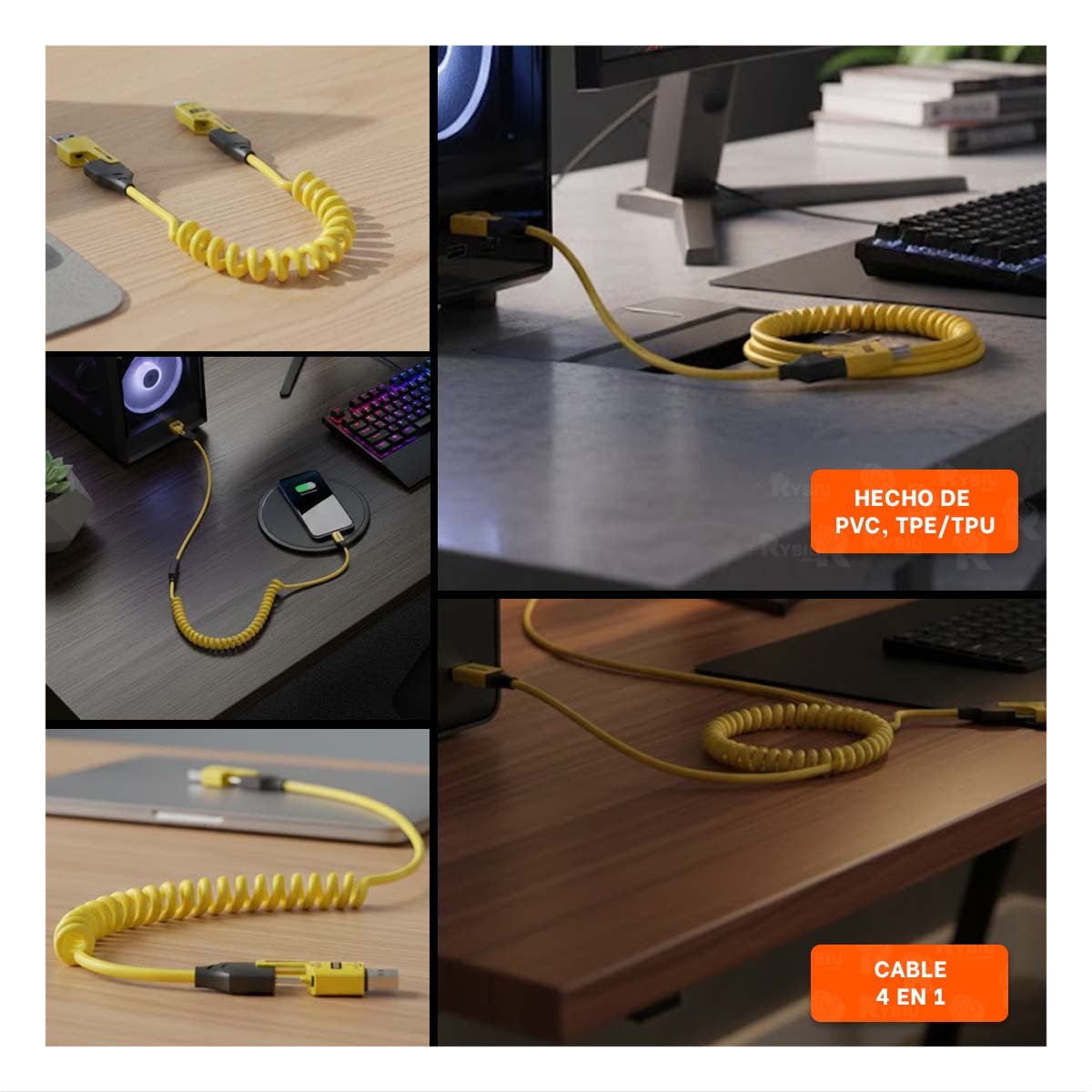EXTENSION RESORTE 4 EN 1 USB C DE 1,5M AMARILLO CABLE MOVIL PARA CARGAR Y+POST IT - 1