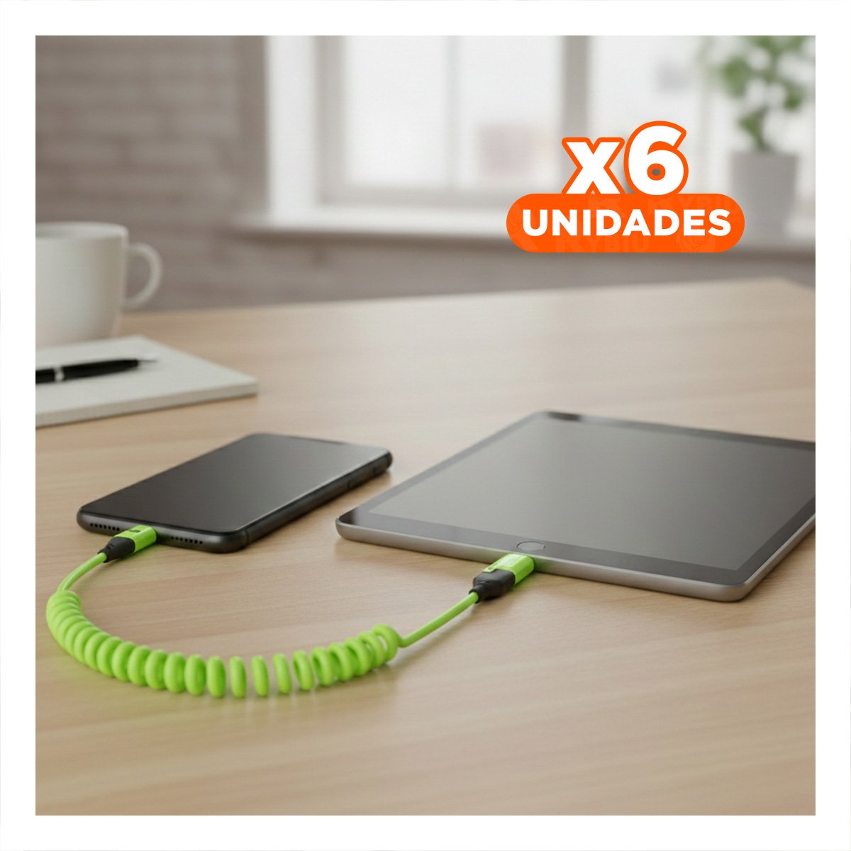 PACK6 ACCESORIO RESORTE 4 EN 1 USB C 1,5M VERDE CABLE DE CONEXION PARA DISPOSITIVOS - 1