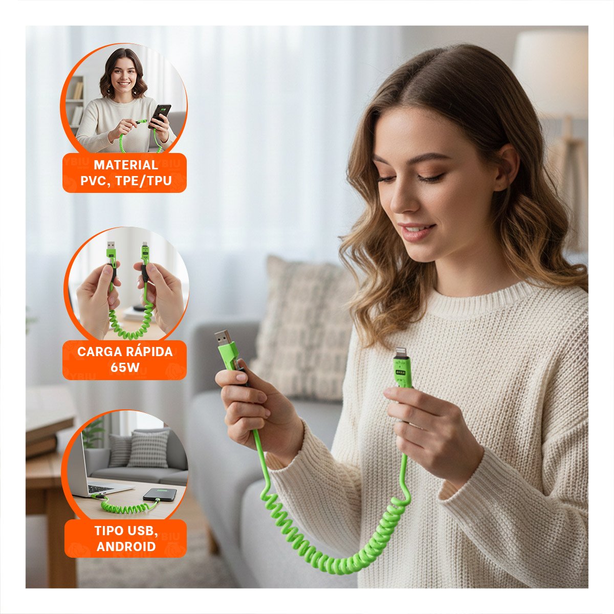 PACK6 ACCESORIO RESORTE 4 EN 1 USB C 1,5M VERDE CABLE DE CONEXION PARA DISPOSITIVOS - 5