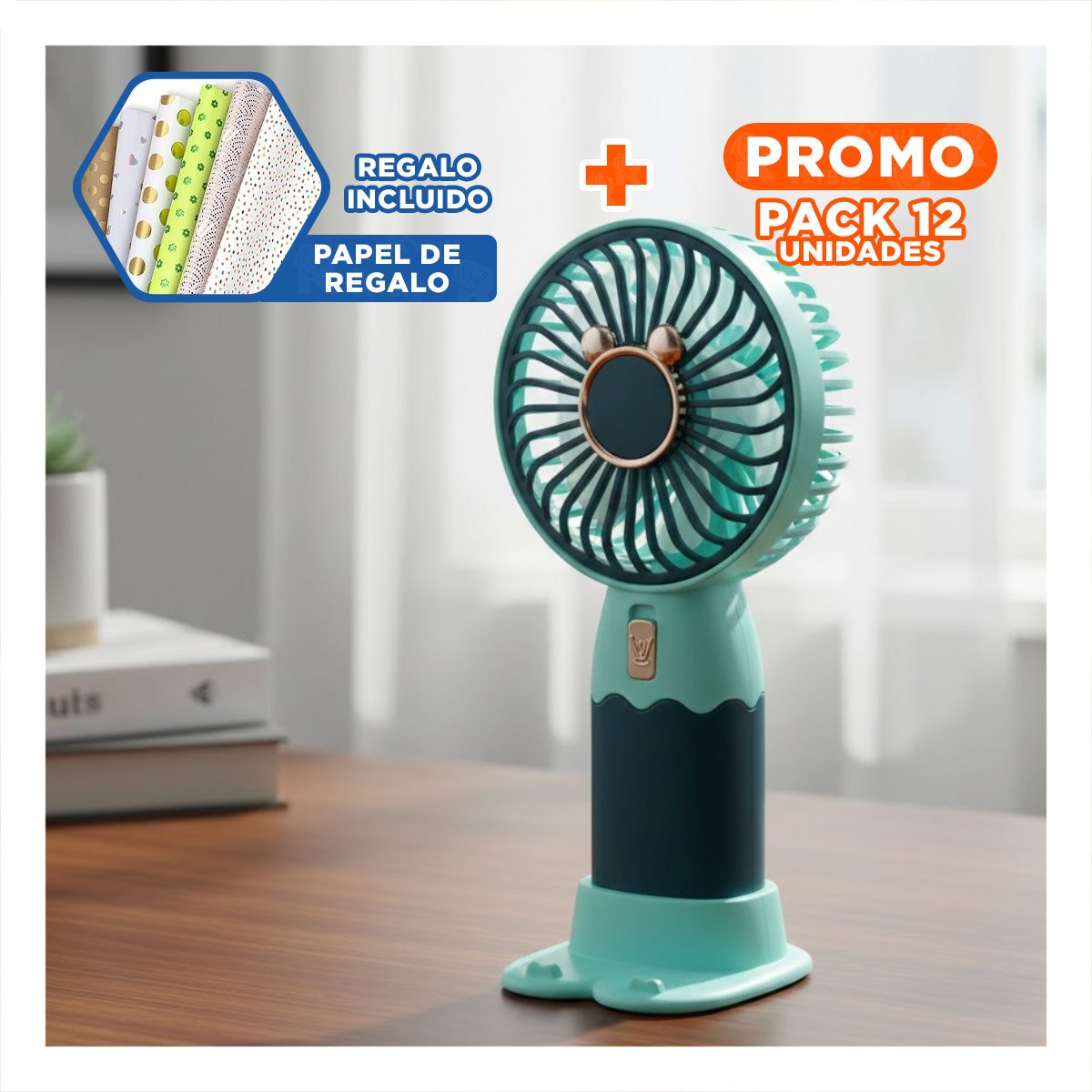 PACK12 VENTILACION CON OREJITAS SOLAR PORTATIL RECARGABLE POTENTE PRACTICO Y+PAPEL REGALO - 1