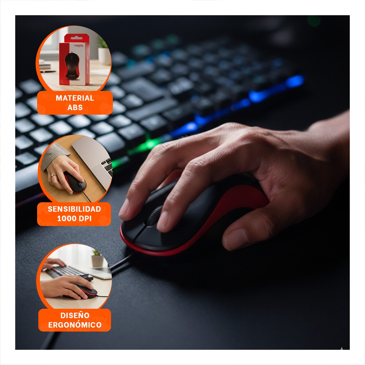 PACK4 MOUSE CYBERTEL ROJO Y NEGRO CON SENSOR OPTICO Y CABLE LARGO - 5
