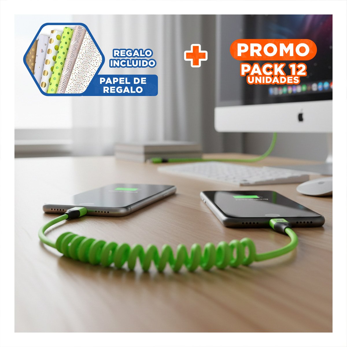 PACK12 CONECTOR RESORTE 4 EN 1 USB C 1,5M VERDE CONECTOR DE CARGA Y+PAPEL REGALO - 1