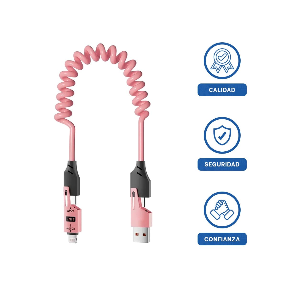 CORDON RESORTE 4 EN 1 USB C 1,5M ROSADO SISTEMA DE CARGA PARA MOVILES Y+LIGAS REGALO - 3