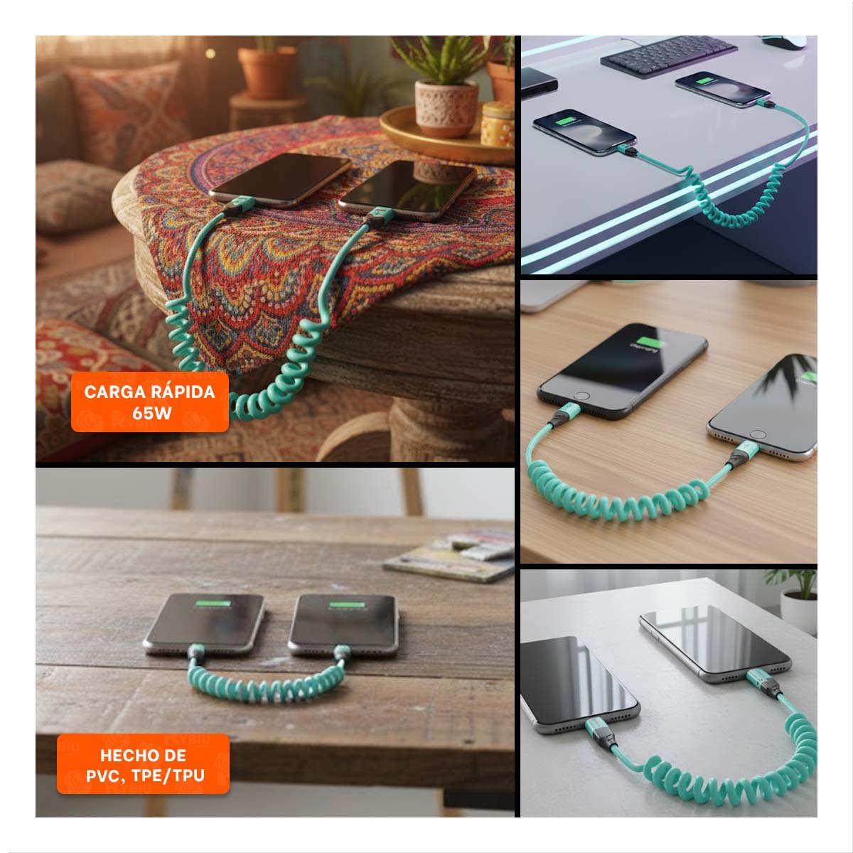 CORDON RESORTE 4 EN 1 USB C 1,5M CELESTE ACCESORIO DE ENERGIA PARA CELULAR Y+POST IT - 5