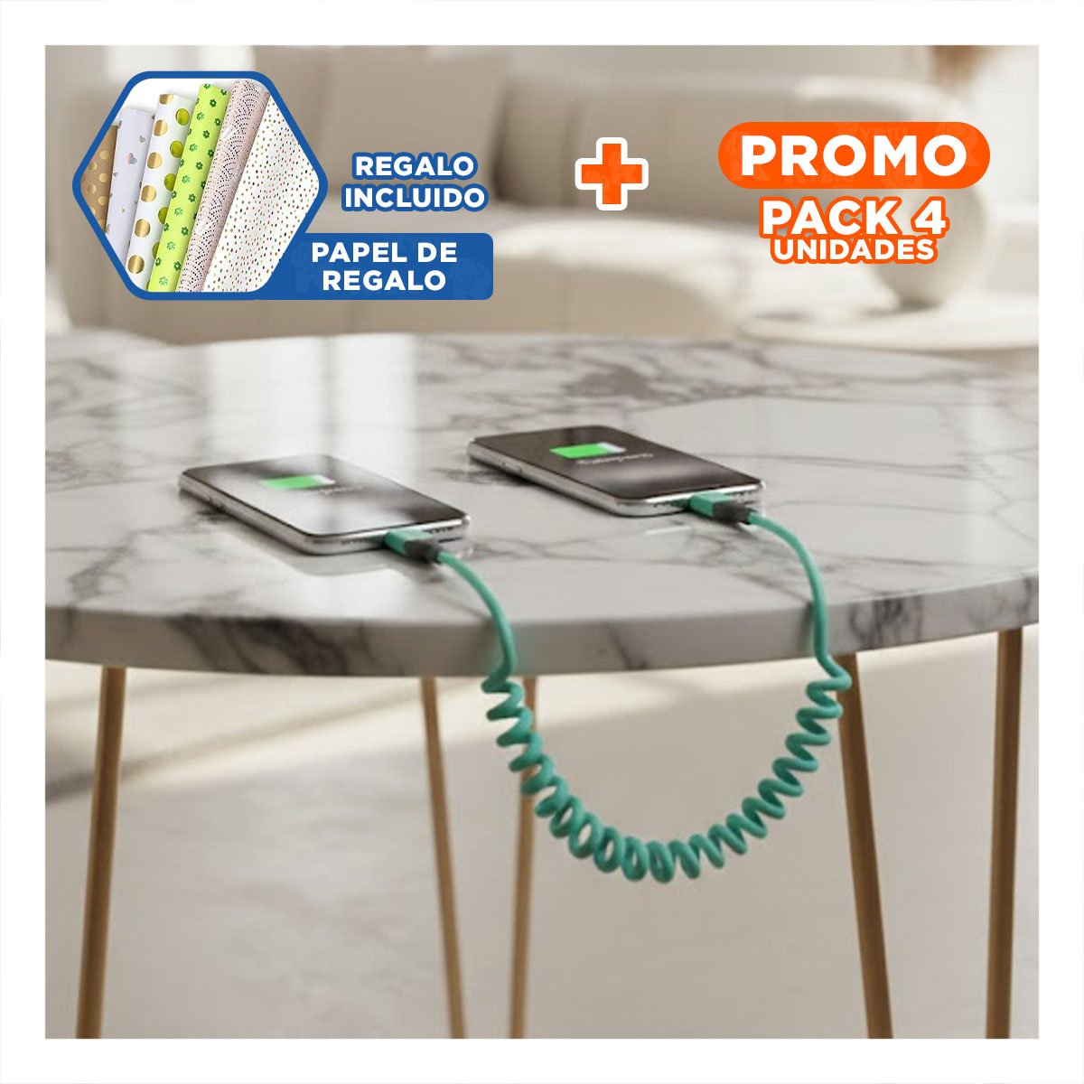 PACK4 CORDON RESORTE 4 EN 1 USB C 1,5M CELESTE CABLE DE CONEXION PARA EQUIPOS Y+PAPEL REGALO - 1
