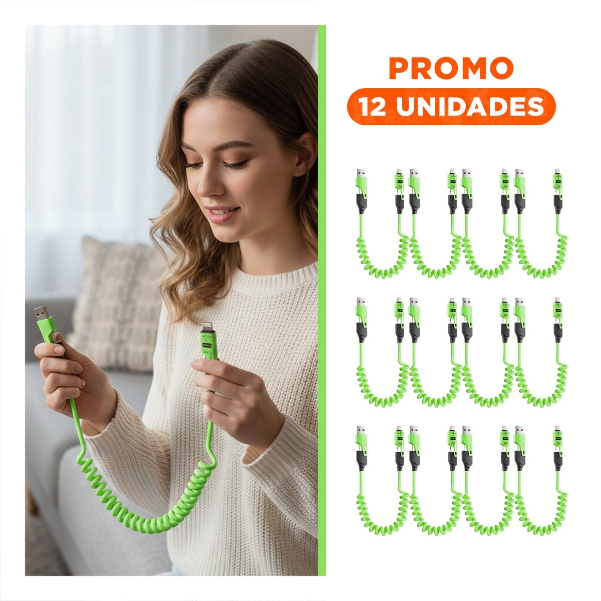 PACK12 ACCESORIO RESORTE 4 EN 1 USB C 1,5M VERDE CABLE DE CARGA PARA CELULAR Y+REGALO STICKER - 1