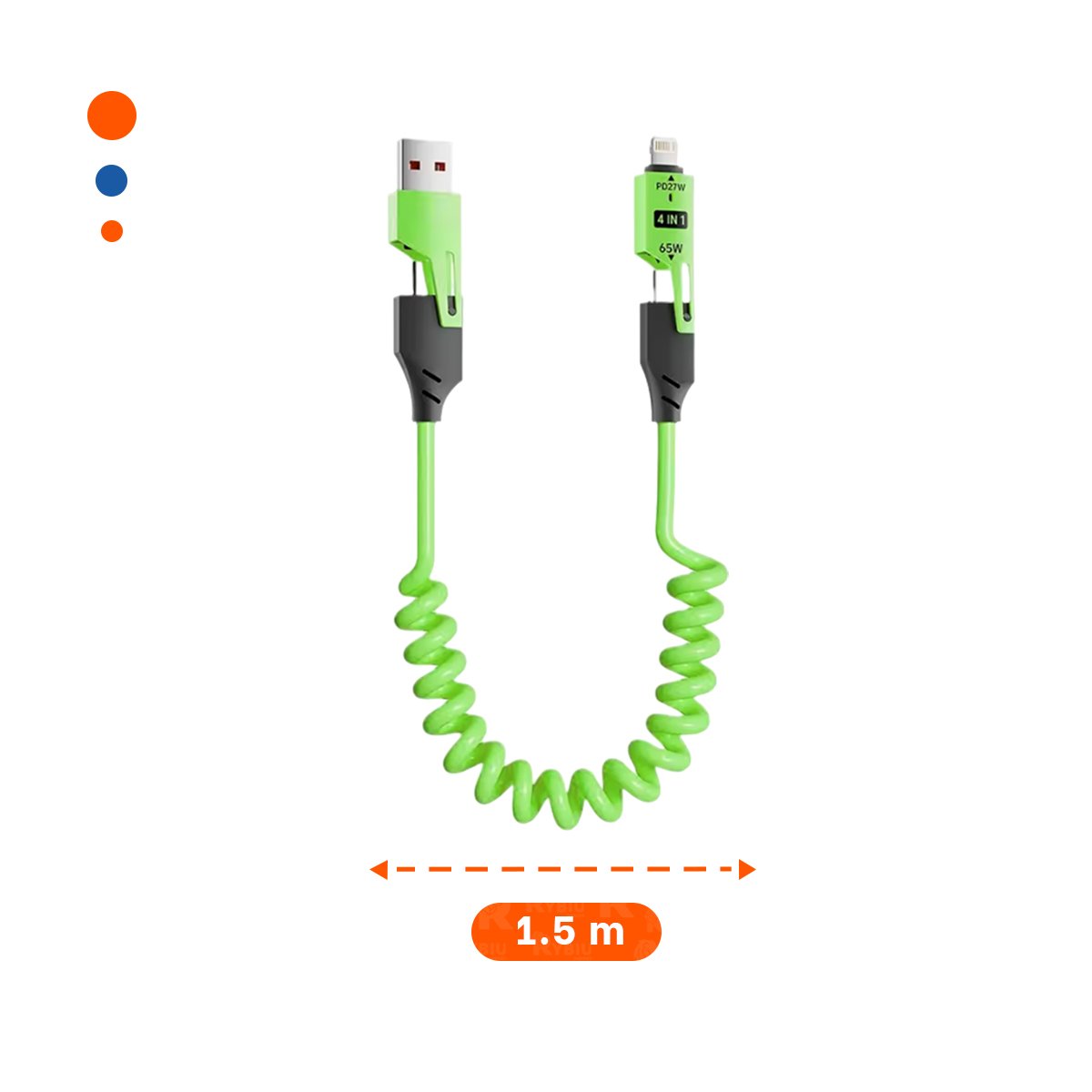 PACK12 ACCESORIO RESORTE 4 EN 1 USB C 1,5M VERDE CABLE DE CARGA PARA CELULAR Y+REGALO STICKER - 4