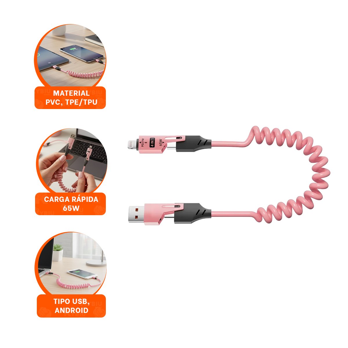 ACCESORIO RESORTE 4 EN 1 USB C 1,5M ROSADO CONECTOR PARA DISPOSITIVOS - 3