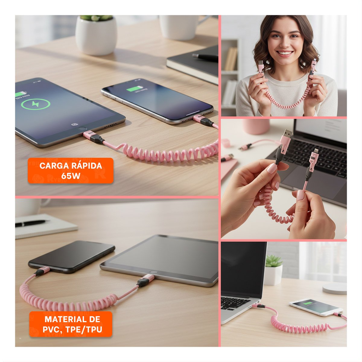ACCESORIO RESORTE 4 EN 1 USB C 1,5M ROSADO CONECTOR PARA DISPOSITIVOS - 5