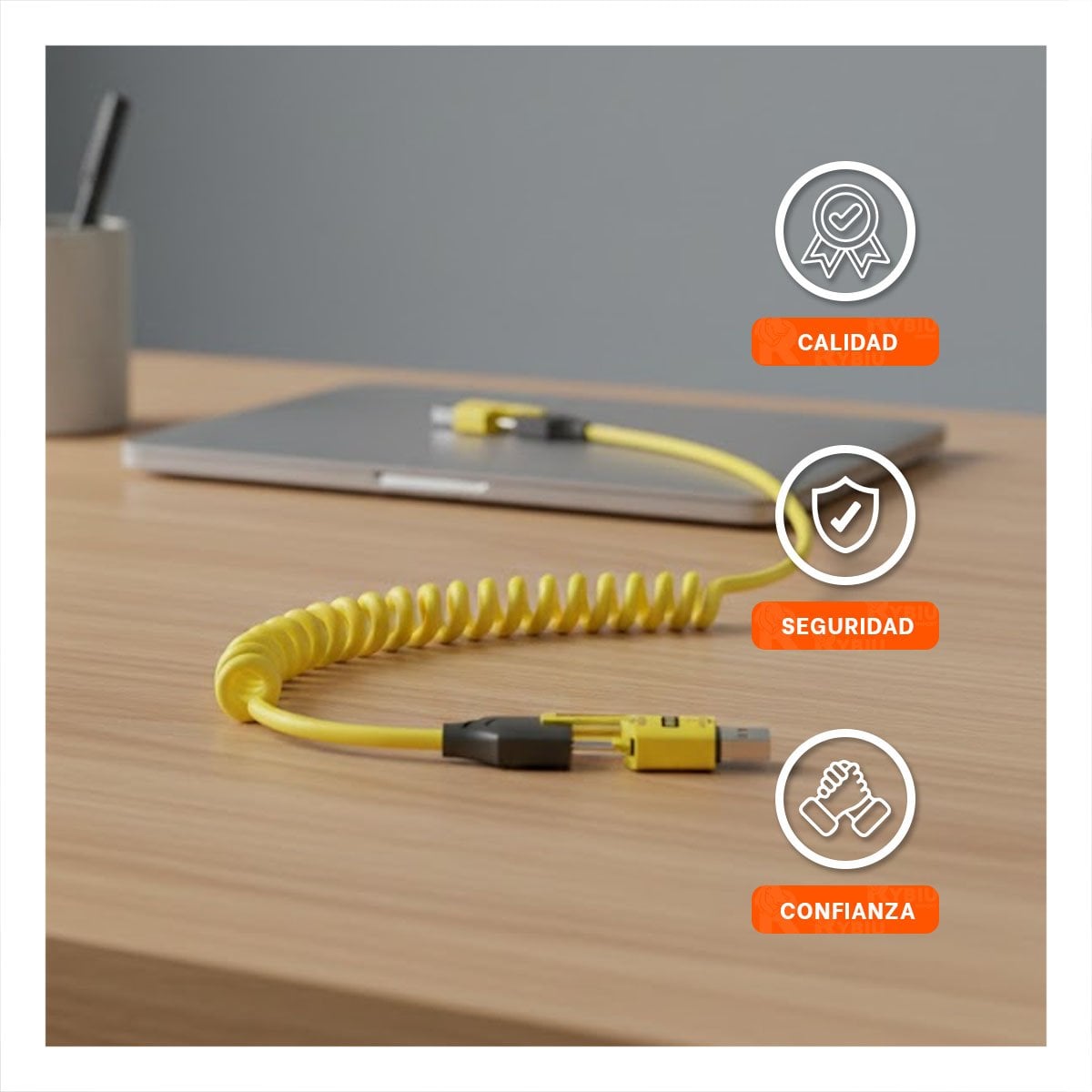 CONECTOR RESORTE 4 EN 1 USB C DE 1,5M AMARILLO CABLE PARA CARGAR DISPOSITIVOS Y+PAPEL REGALO - 3