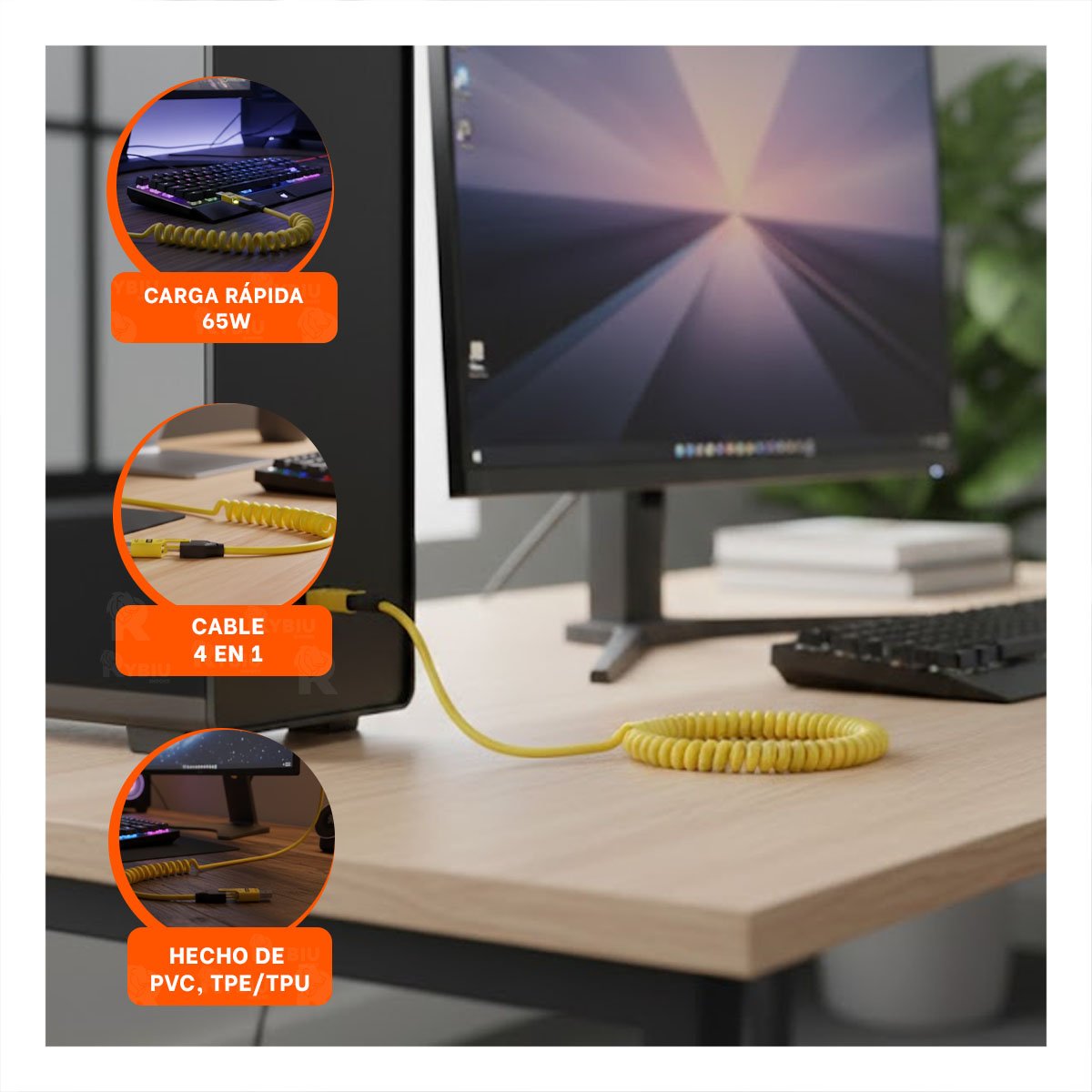 CONECTOR RESORTE 4 EN 1 USB C DE 1,5M AMARILLO CABLE PARA CARGAR DISPOSITIVOS Y+PAPEL REGALO - 5