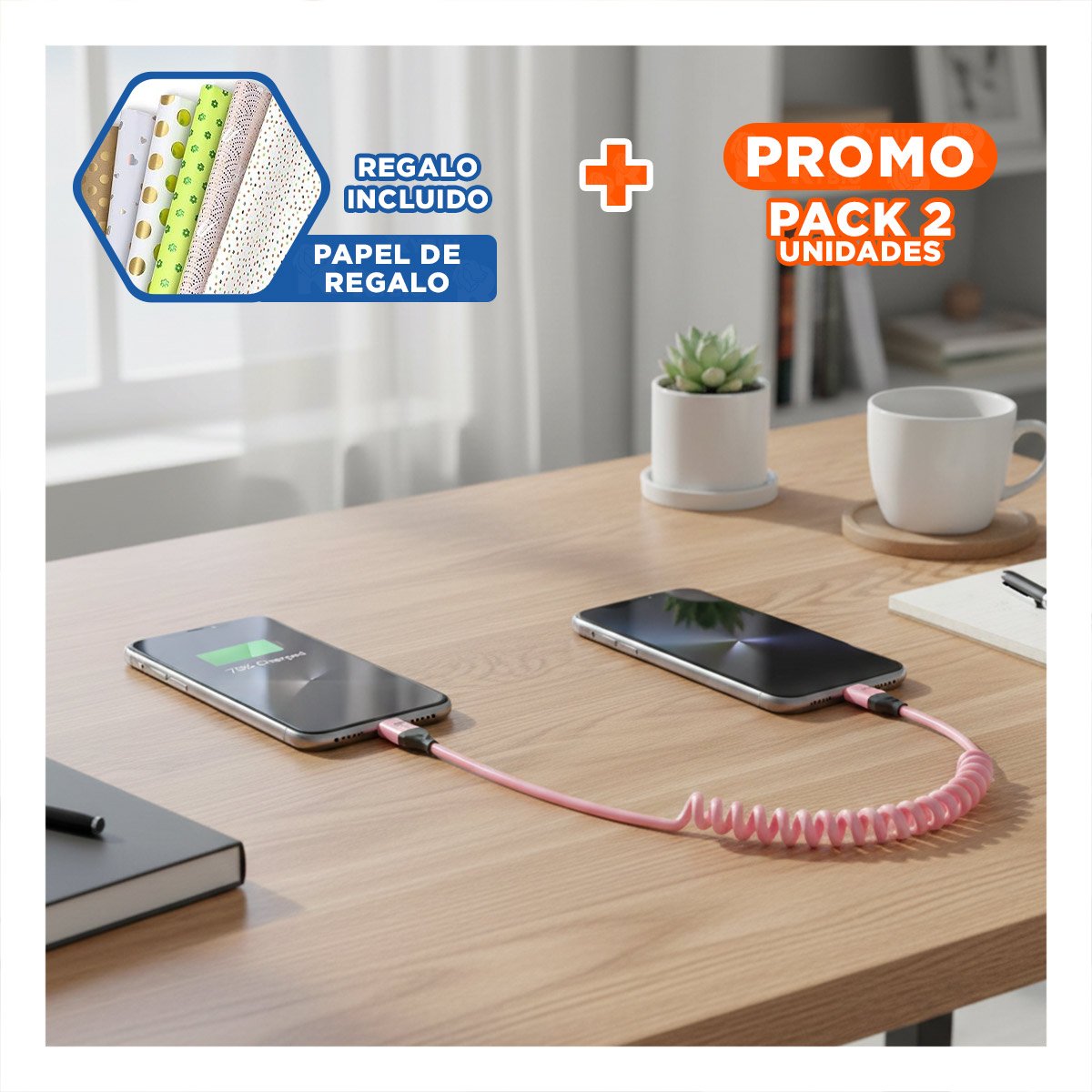 PACK2 ADAPTADOR RESORTE 4 EN 1 USB C 1,5M ROSADO CONECTOR DE CARGA PARA MOVILES Y+PAPEL REGALO - 1