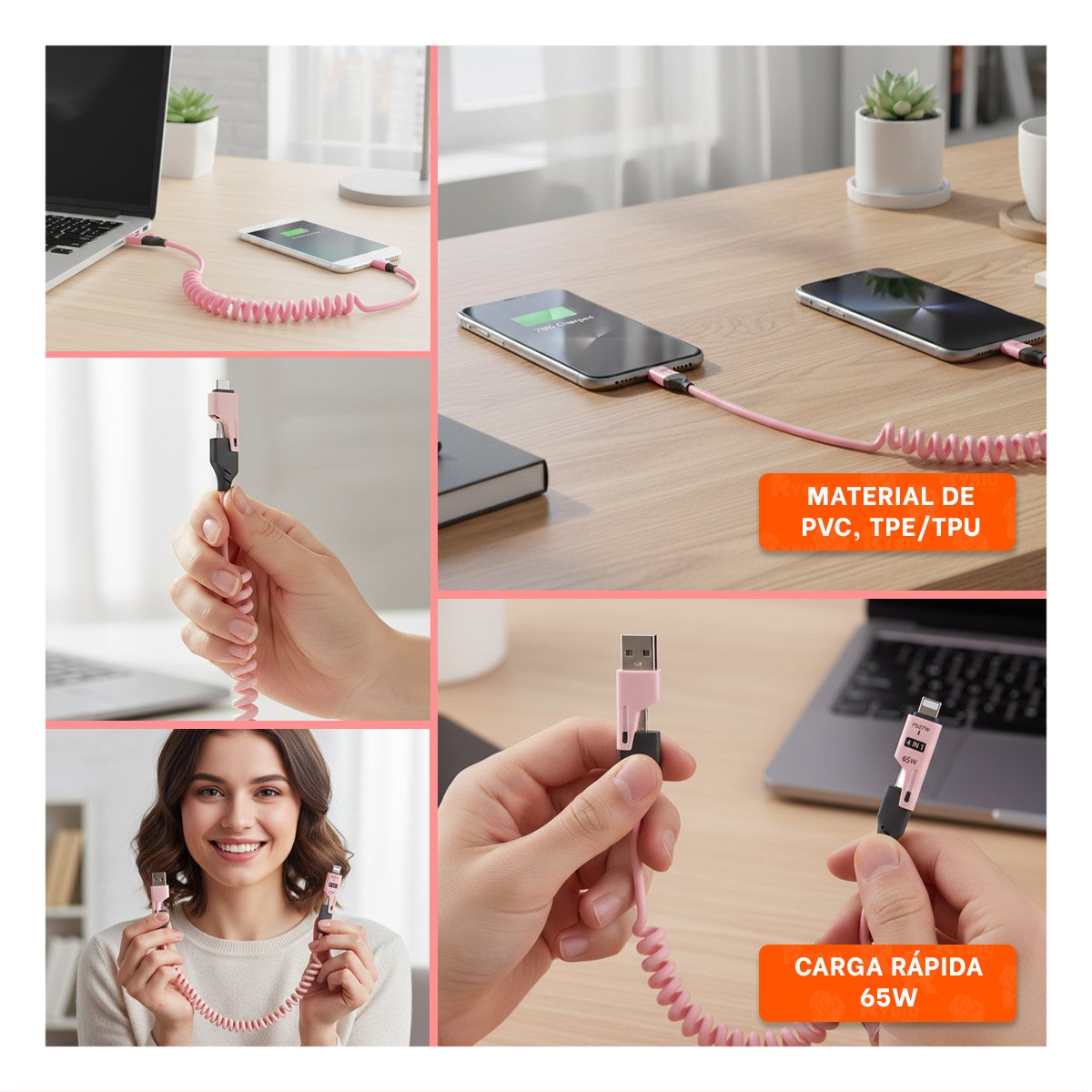 PACK2 ADAPTADOR RESORTE 4 EN 1 USB C 1,5M ROSADO CONECTOR DE CARGA PARA MOVILES Y+PAPEL REGALO - 3
